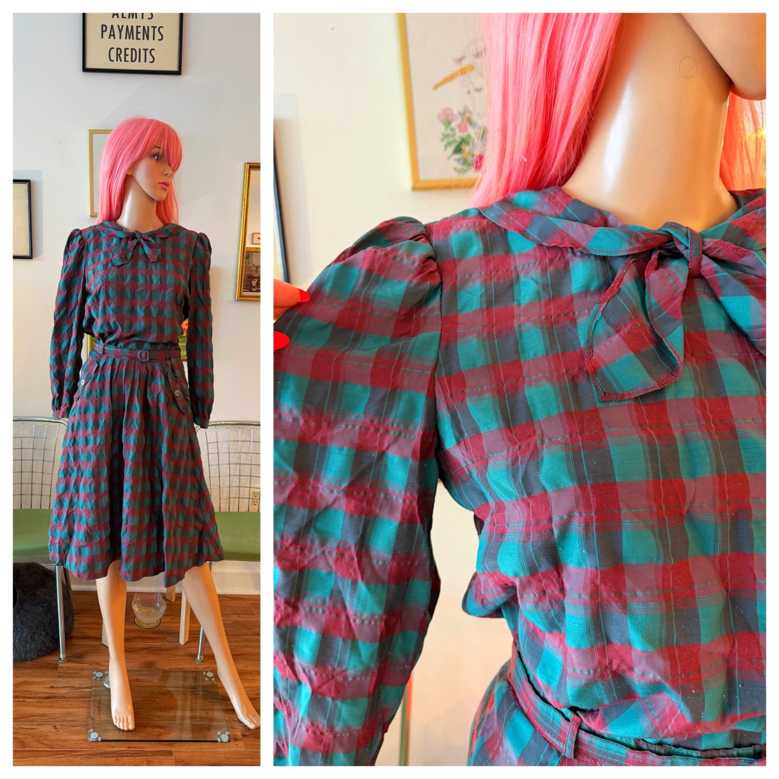 🎀 Vtg 70s Asian Export Plaid Cotton Batwing Pussy Bow Top Skirt Buckle Dress M