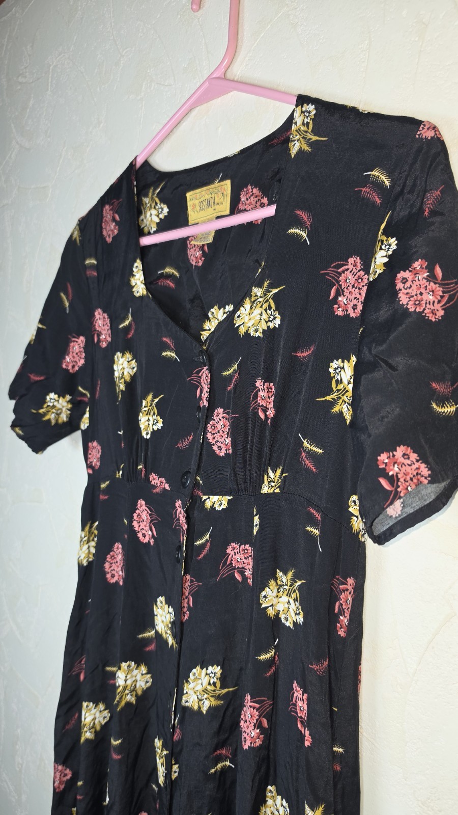 Vtg Sostanza Black Floral Button Front Short Sleeve Maxi Dress 90s grunge Small