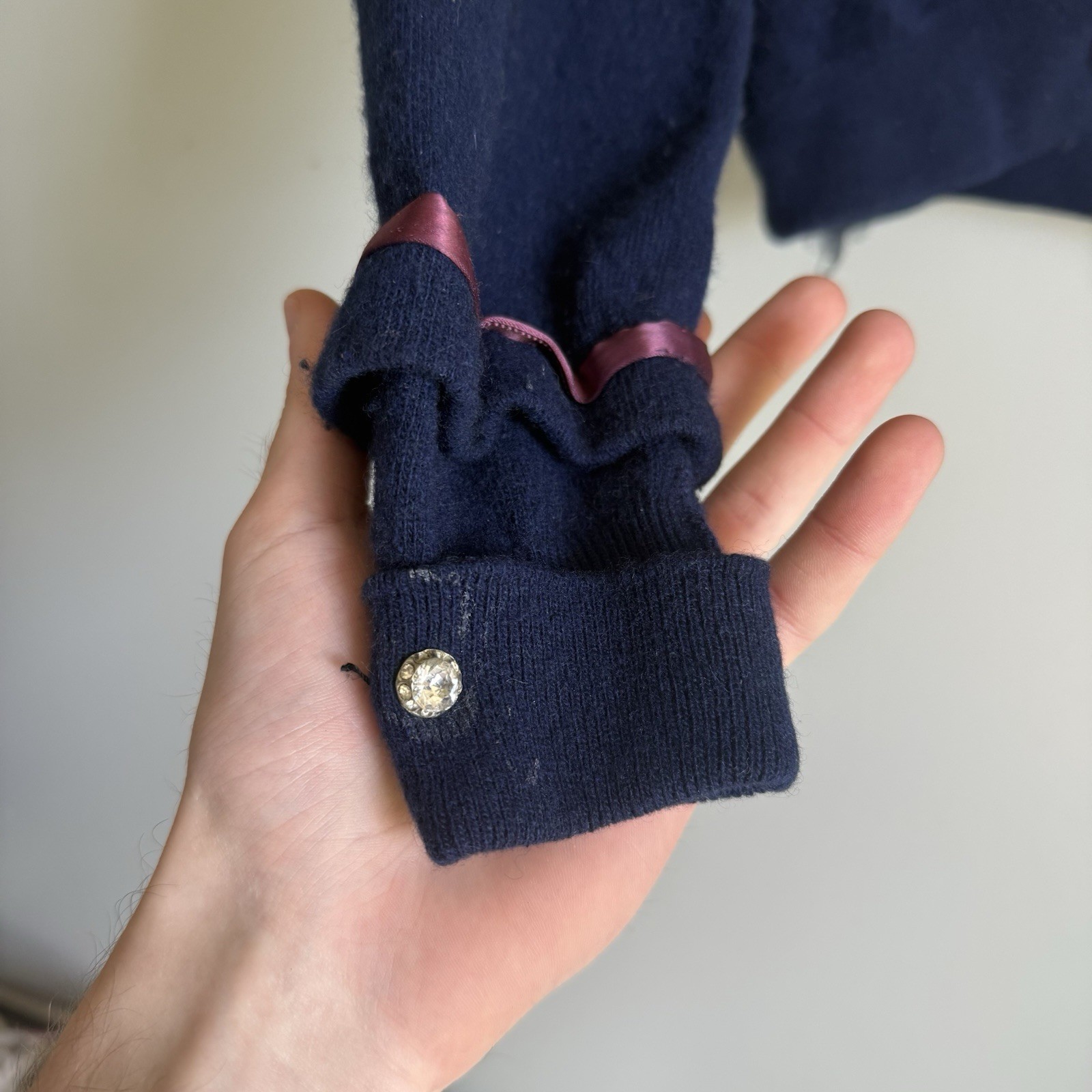 Vtg 1950’s Pringle of Scotland Cashmere Cardigan Mink Fur Collar Navy Womens S/M