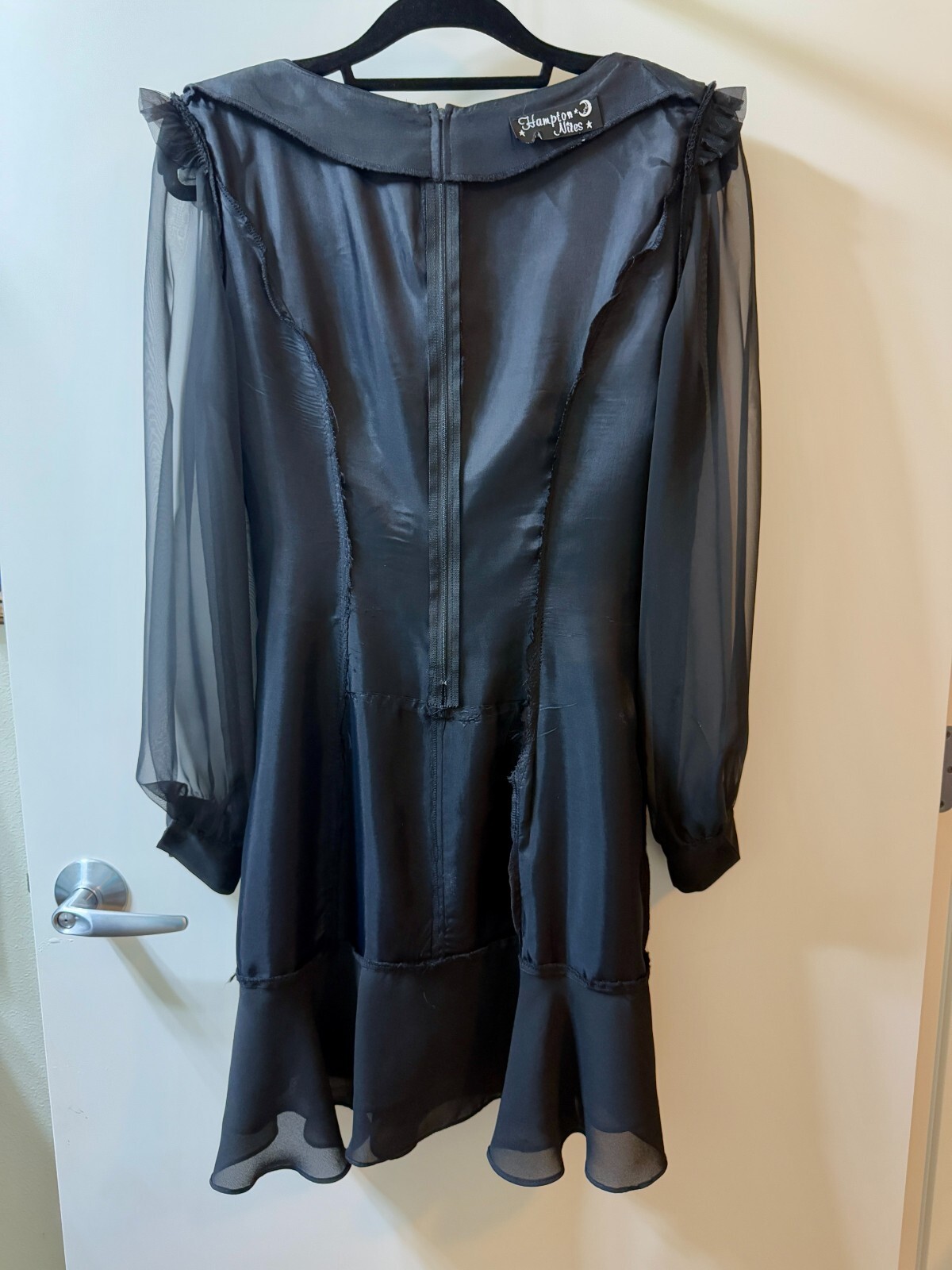 Hampton Nites sz 8 Women’s Sheer Sleeved Ruffled Hem Black Dress #291