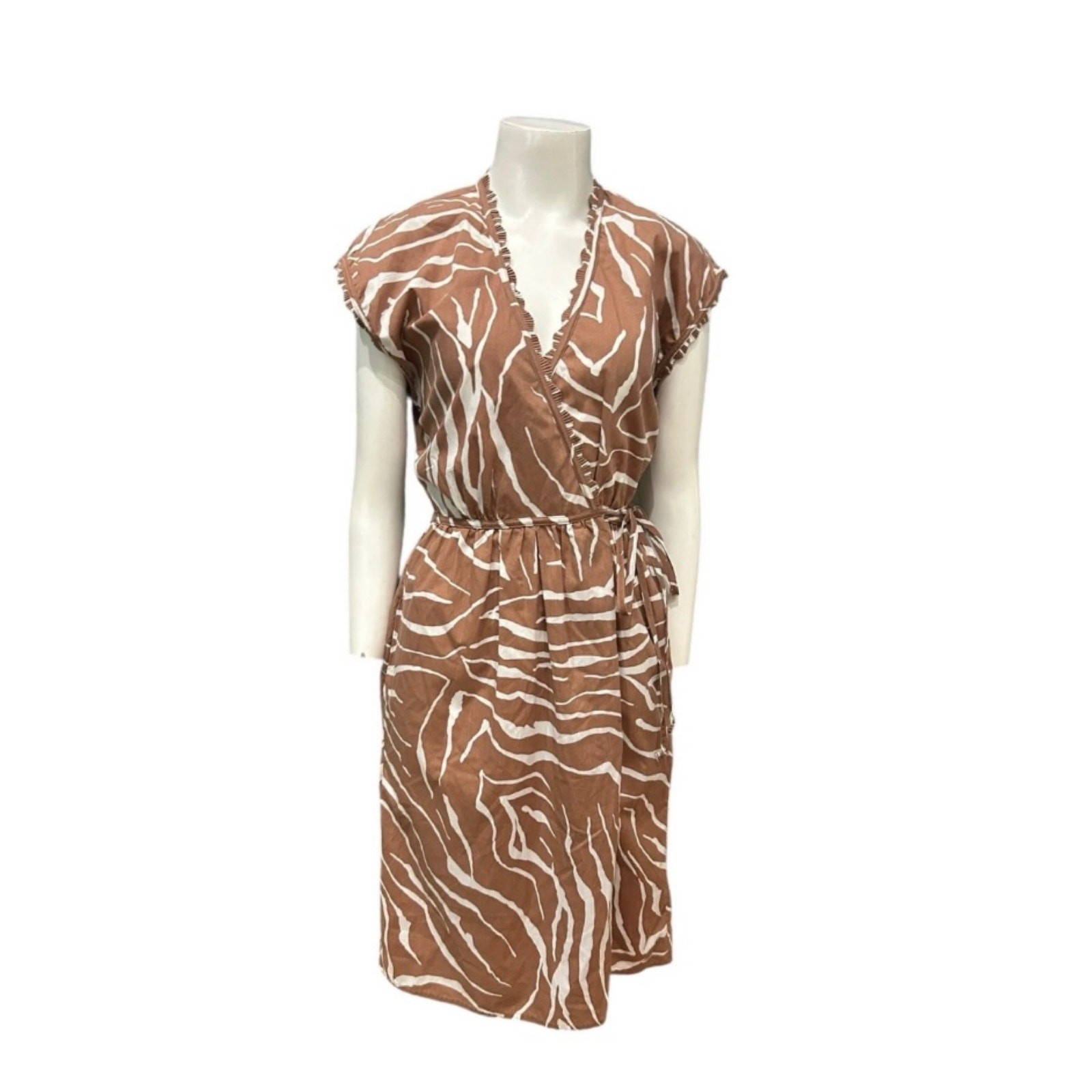 Vintage 1970s Bill Tice Zebra Print Wrap Dress Brown White XS Tie Waist ^