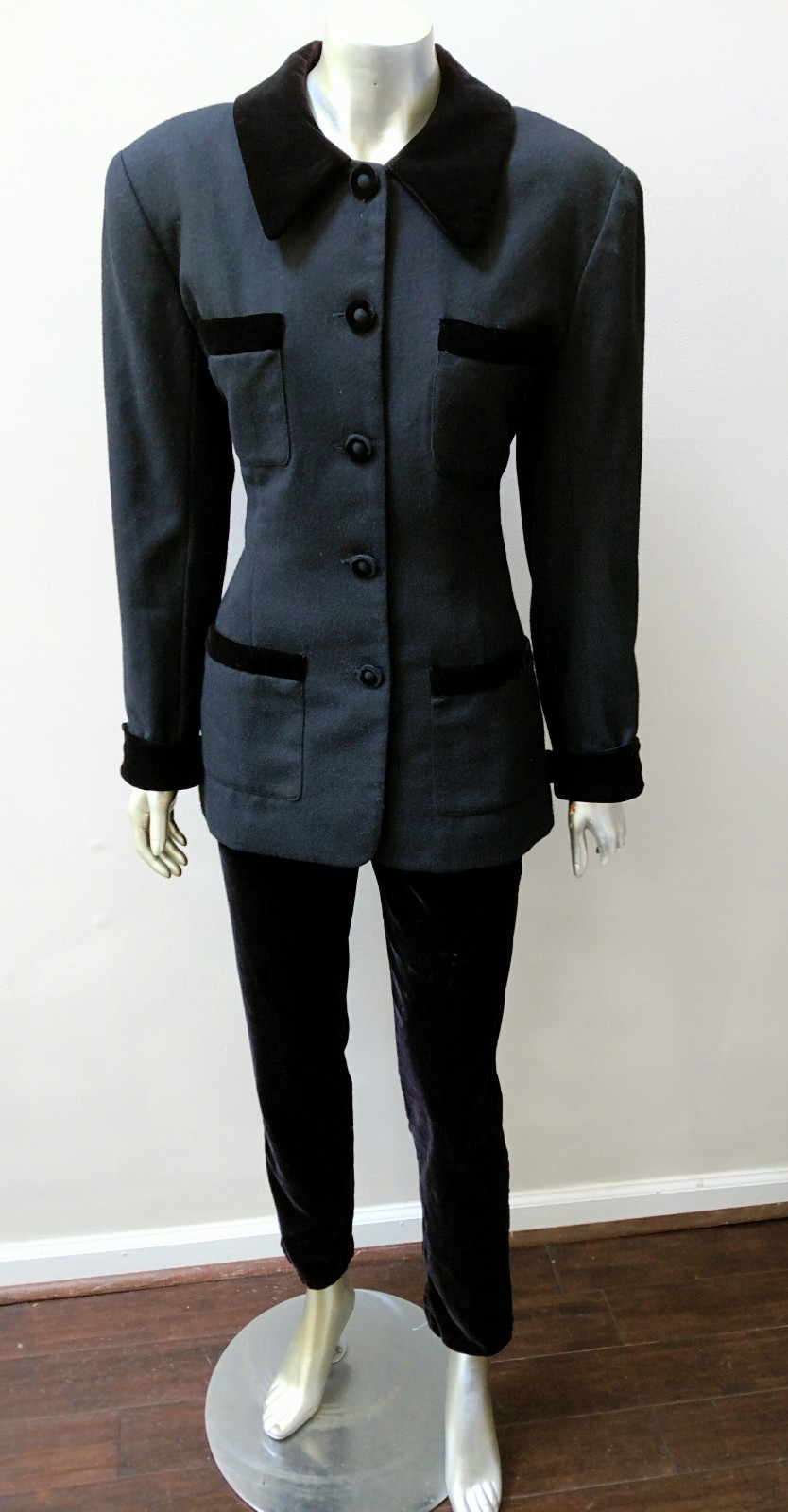 ANNA SUI MOD WORK ART GRUNGE BOHO WOOL VELVET PENCIL LEG 2 PC PANTSUIT sz M