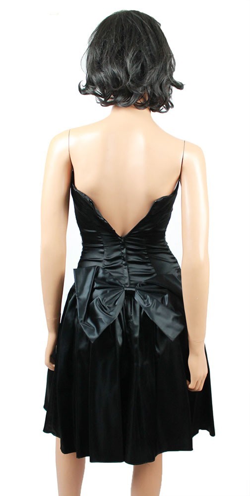 80s Prom Gown Jrs XS Vintage Strapless Black Satin Sequin Gunne Sax Mini Dress