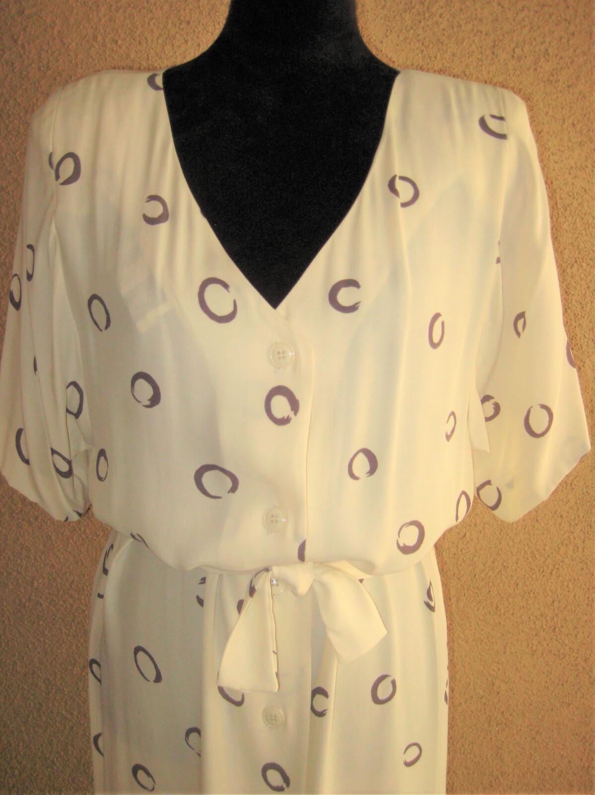 Vintage Warren Z I Magnin 80 cream abstract circles padded shoulder sheath dress