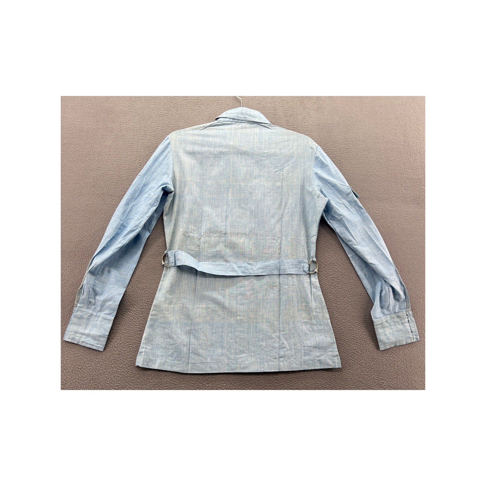 Vintage Hand Woven Cotton Safari Shirt Light Blue D-Ring Utility Jacket Size 12