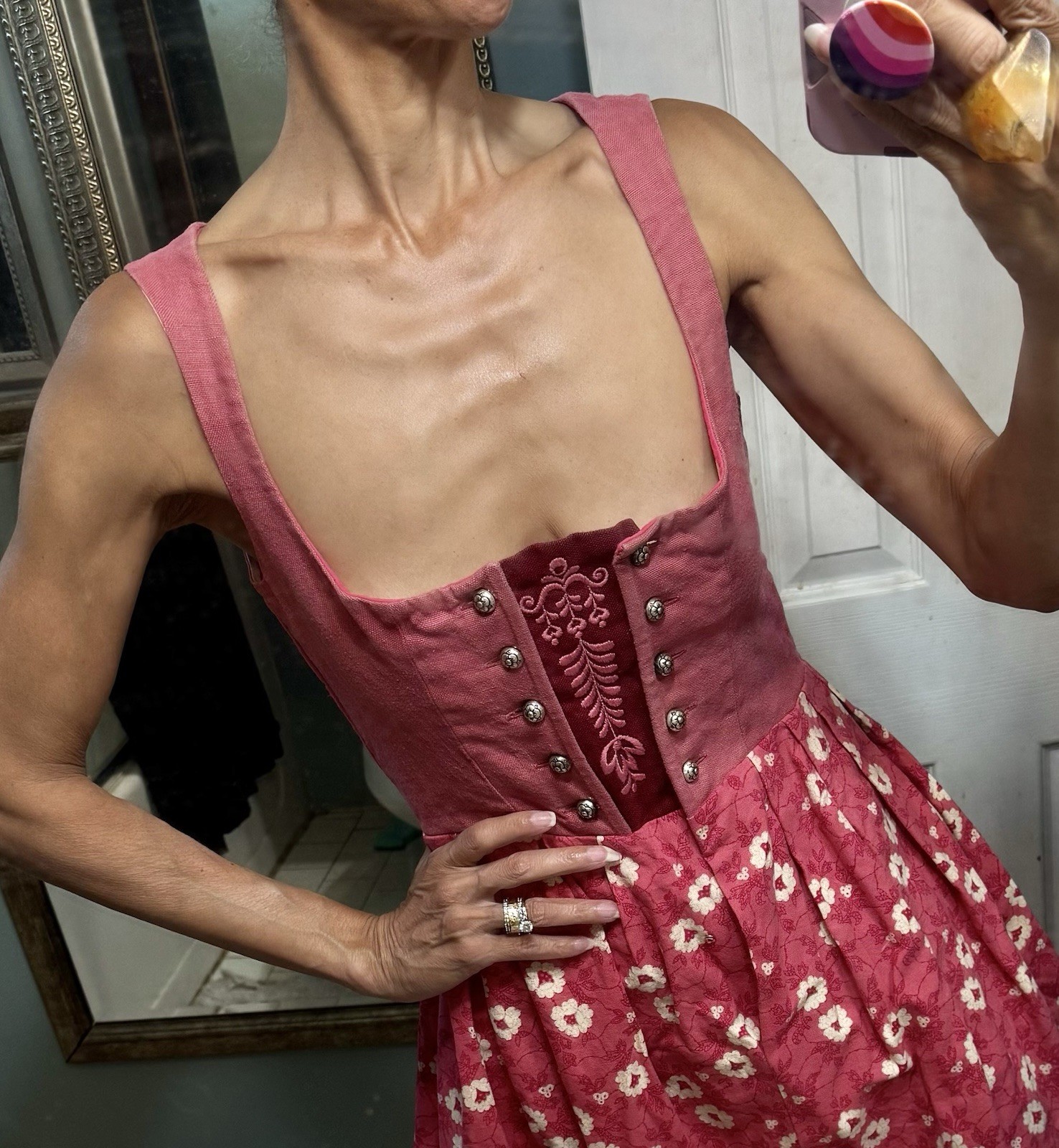 VTG Kibek Dirndl Sportalm Austria Pink Dress Corset Floral Embroidery Metal XS S