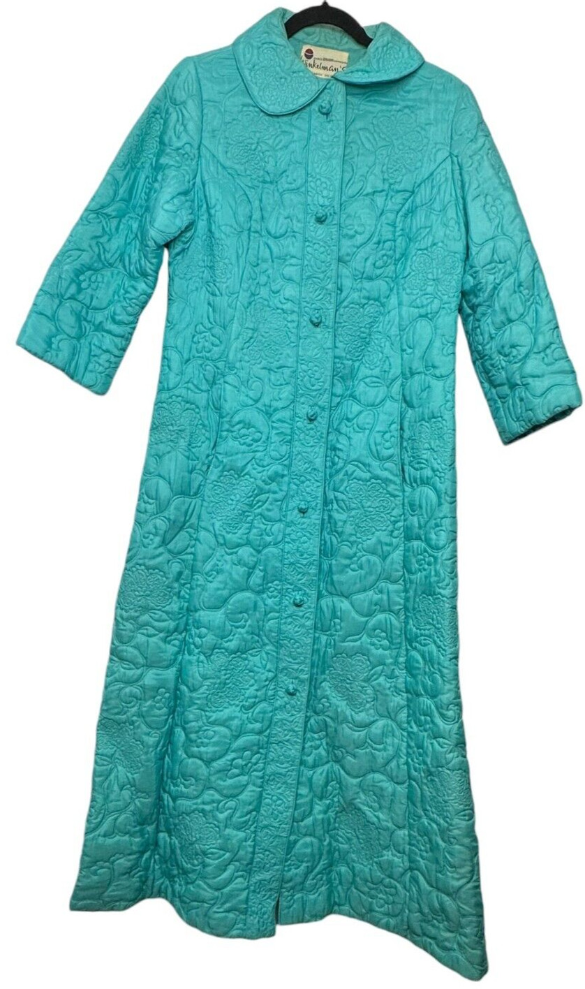 VTG 60s Winkelmans Button Quilted Long Robe L 12 Blue Floral House Coat Collar