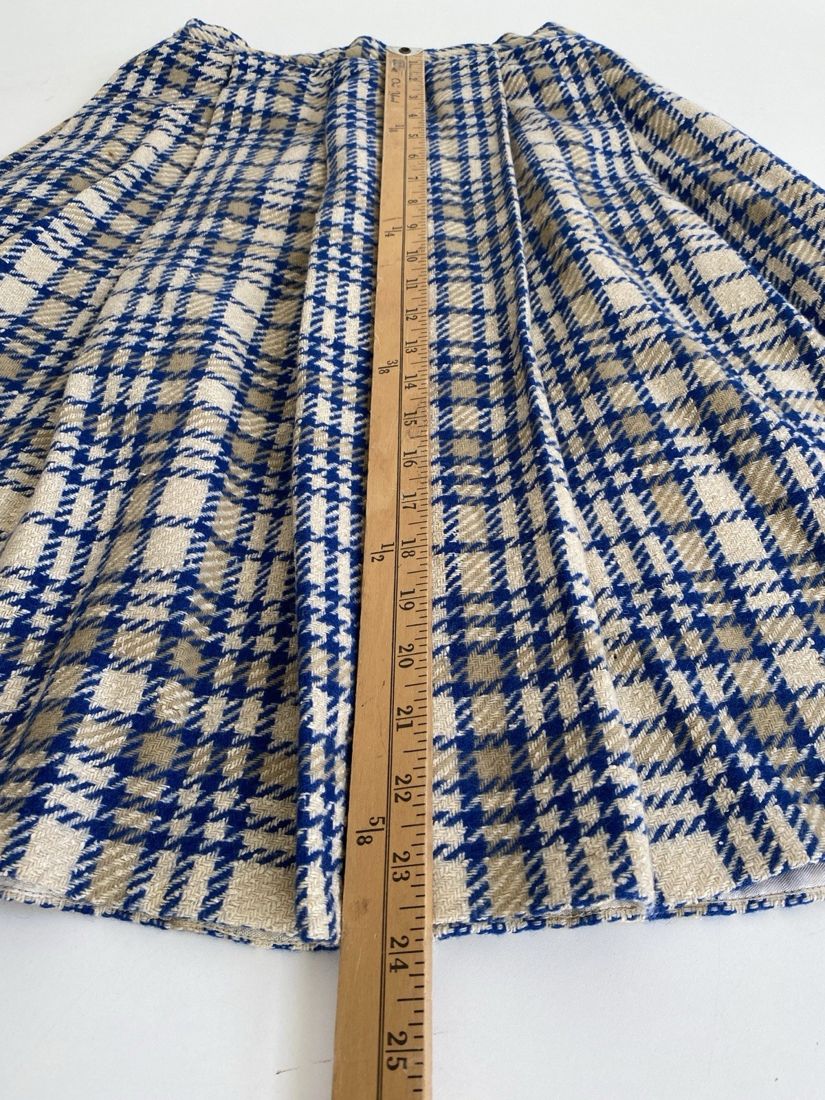 Vintage Handmade 50s S 100% Wool Pleated Full Skirt Blue Ivory Plaid