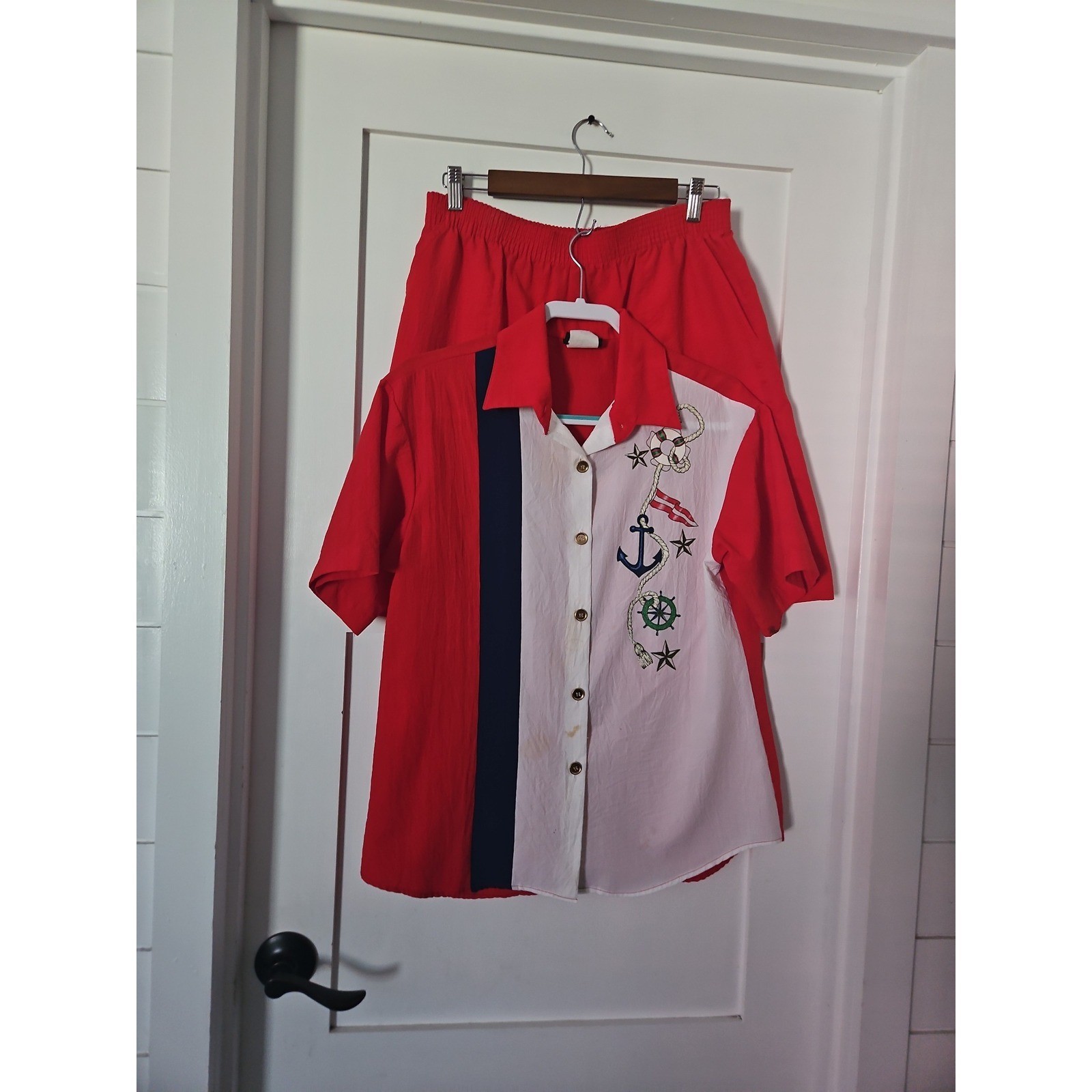 Vintage Southern Lady Nautical Shorts Set M Red White Blue 2Pc Camp Shirt
