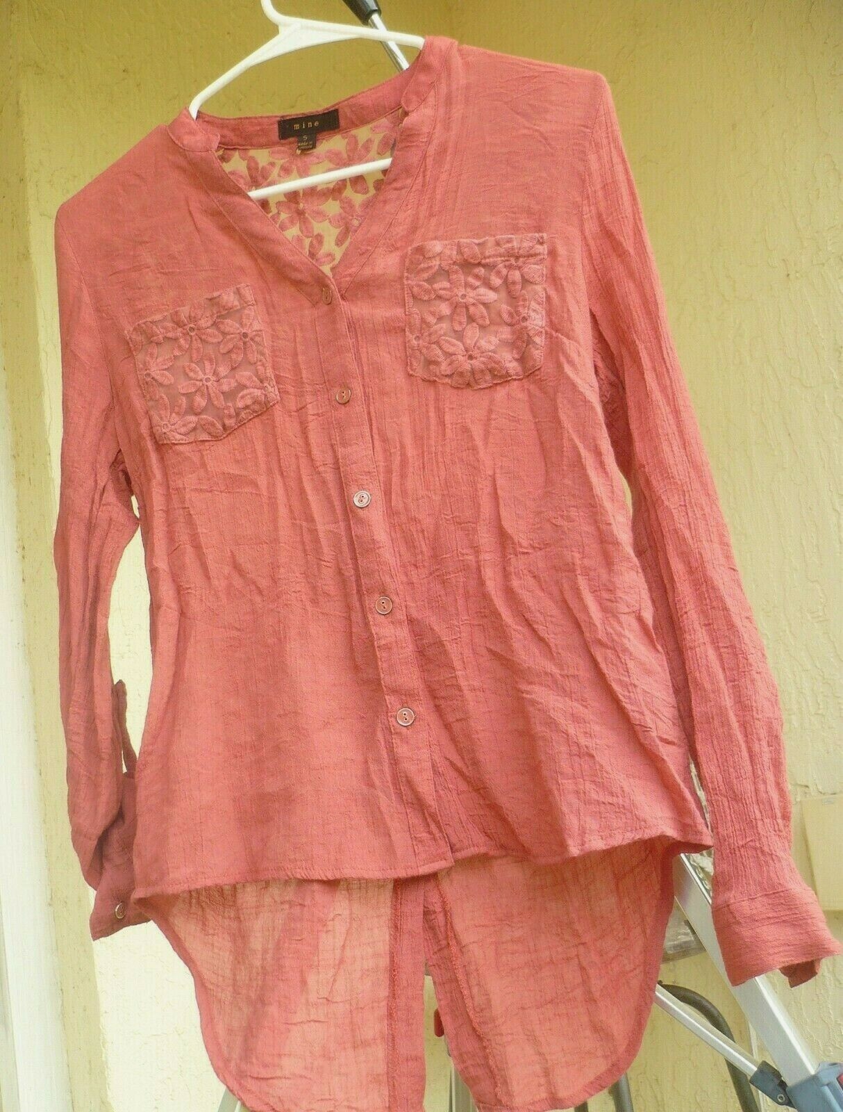 VTG GRUNGE 90 S RUST ORANGE TAIL HI LO GAUZE CROCHET ROLL UP SLEEVE BLOUSE WOMEN