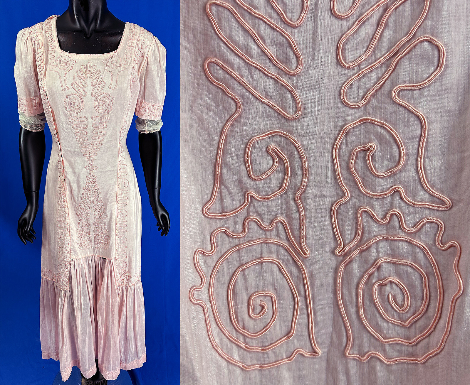 Edwardian Titanic Era Pink Cotton Soutache Passementerie Princess Line Dress VTG