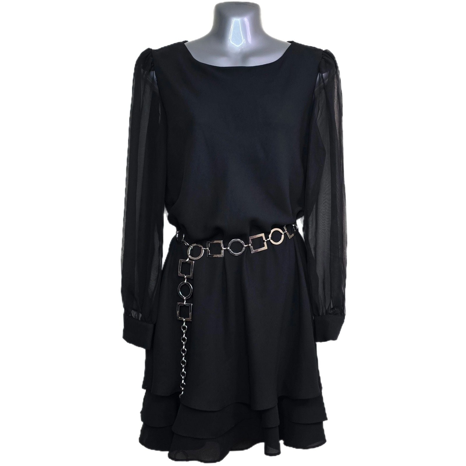 Vintage 90s Hampton Nites Black Dress with Sheer Sleeves and Metal Belt Size 6