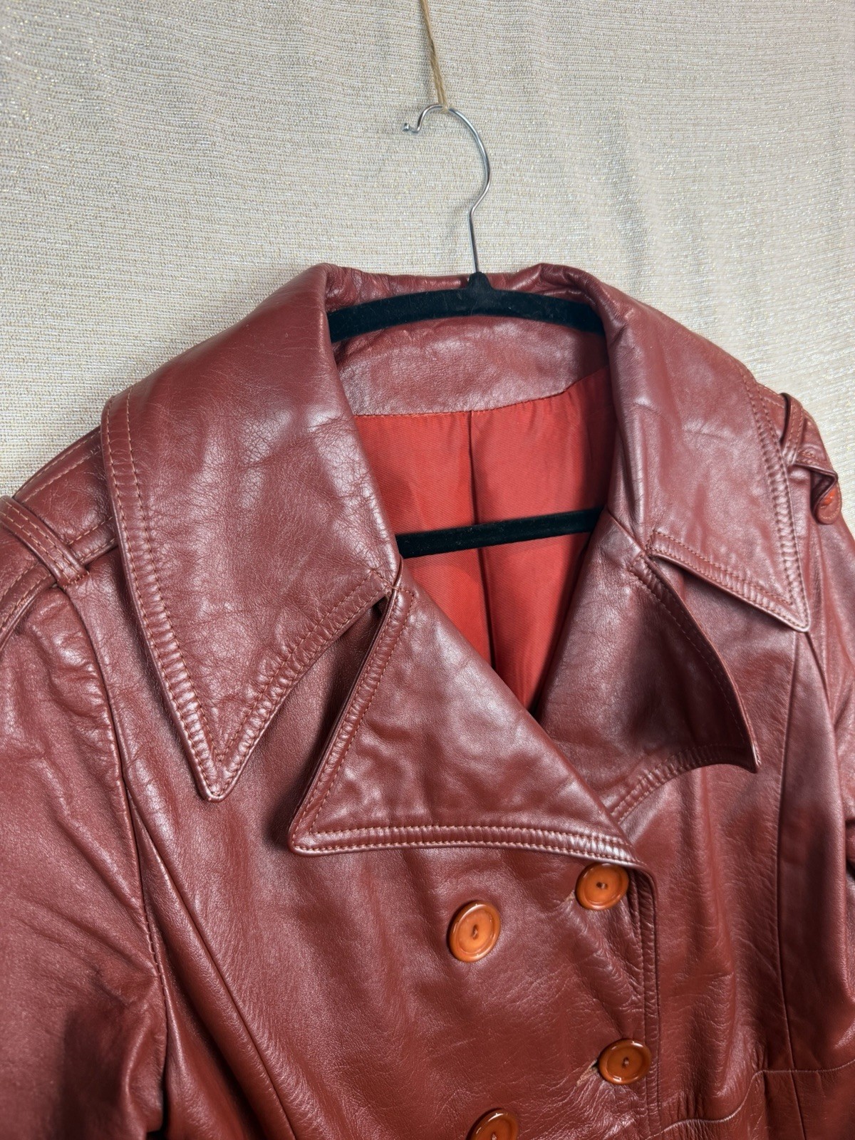 Vintage Cherry Red Leather Jacket Long Belted Mod Trench Coat 1970s Size 10