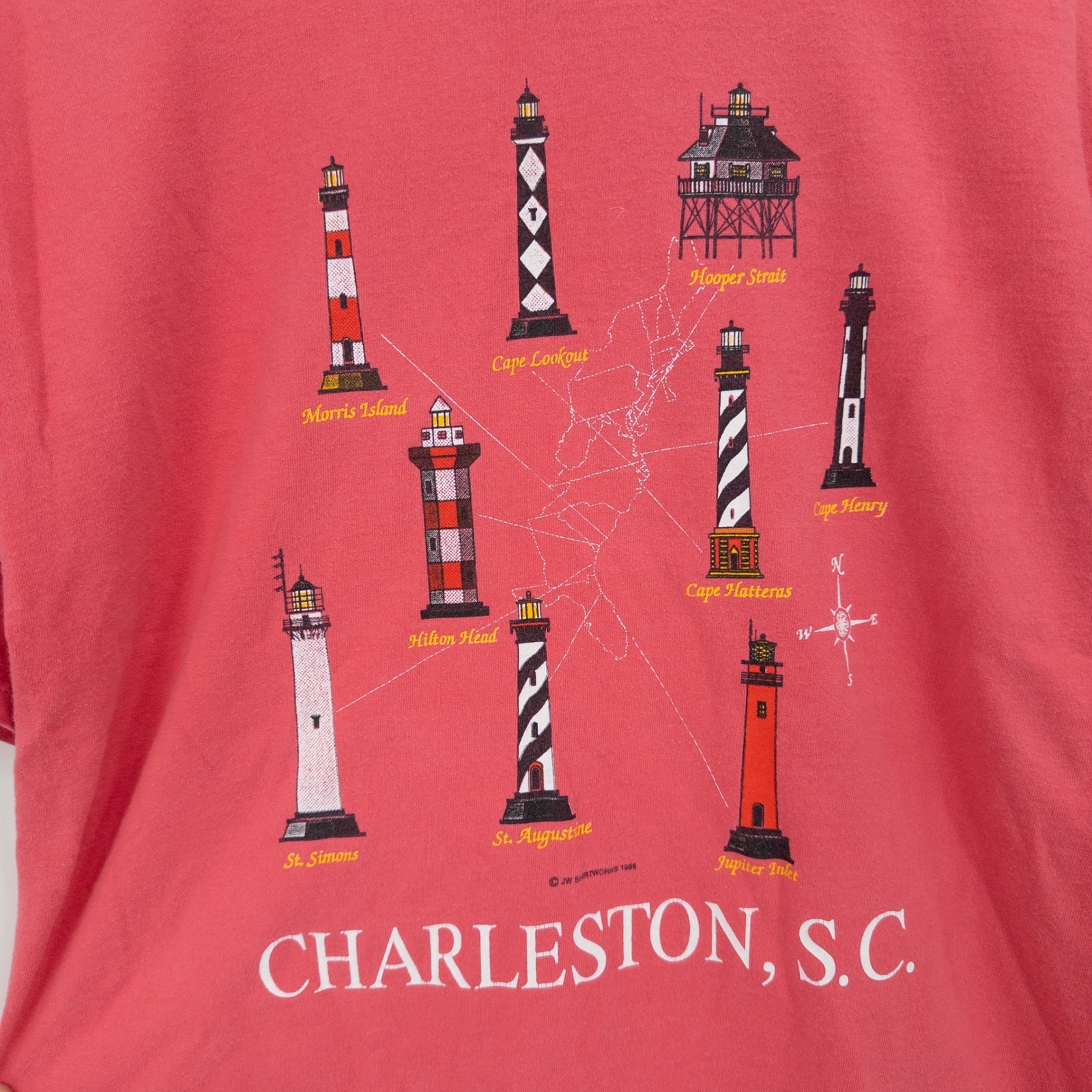 Vintage Charleston SC Lighthouse T-Shirt Womens M 90s Coral Pink Coastal Granny