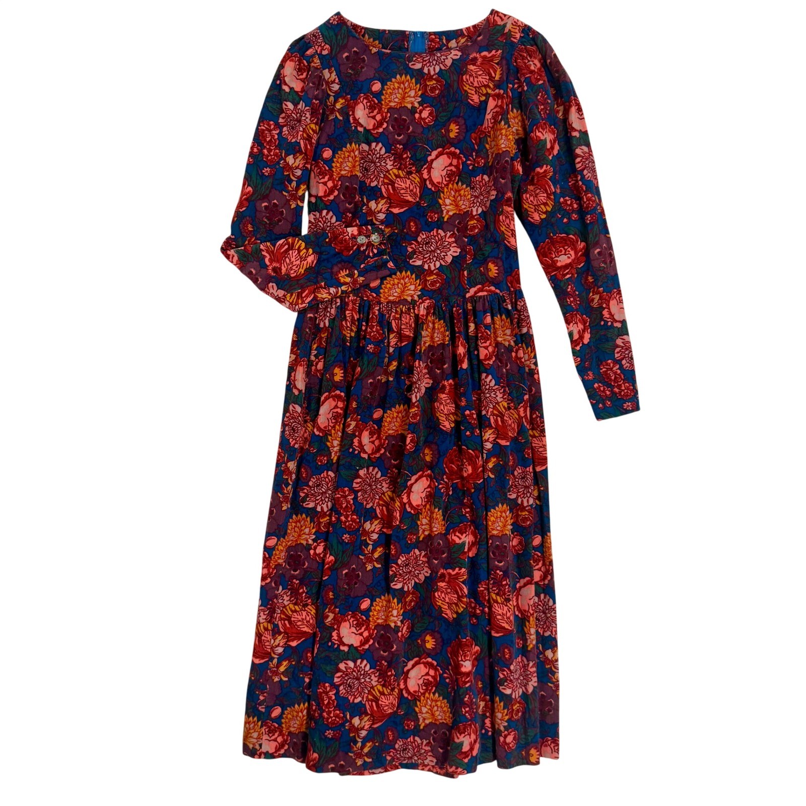 Vintage 80s Laura Ashley Floral Corduroy Drop Waist Dress ~ Great Britain US 10