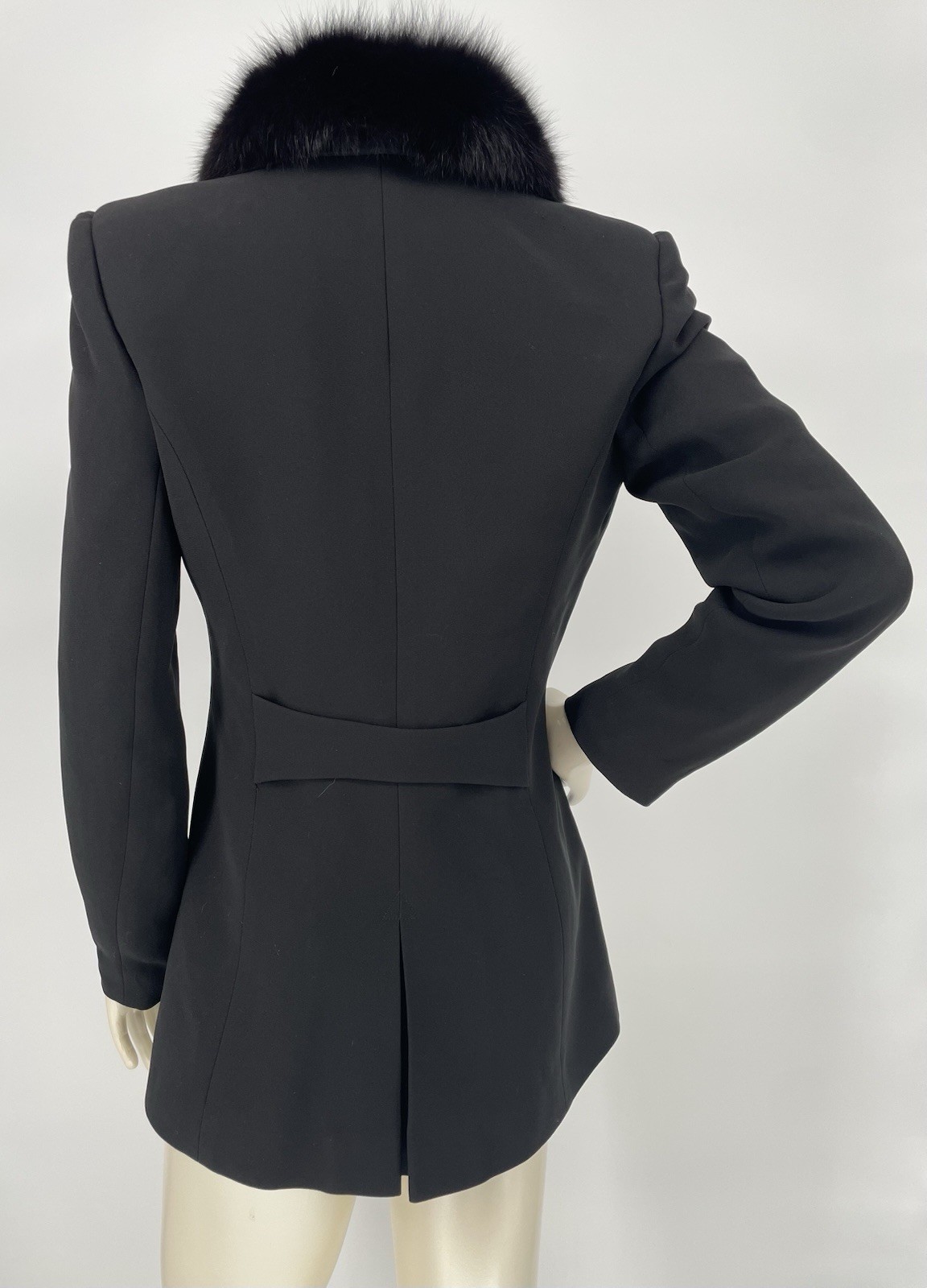 Vintage 90s Alberto Makali Black Fox Fur Collar Power Shoulder Blazer Jacket sm