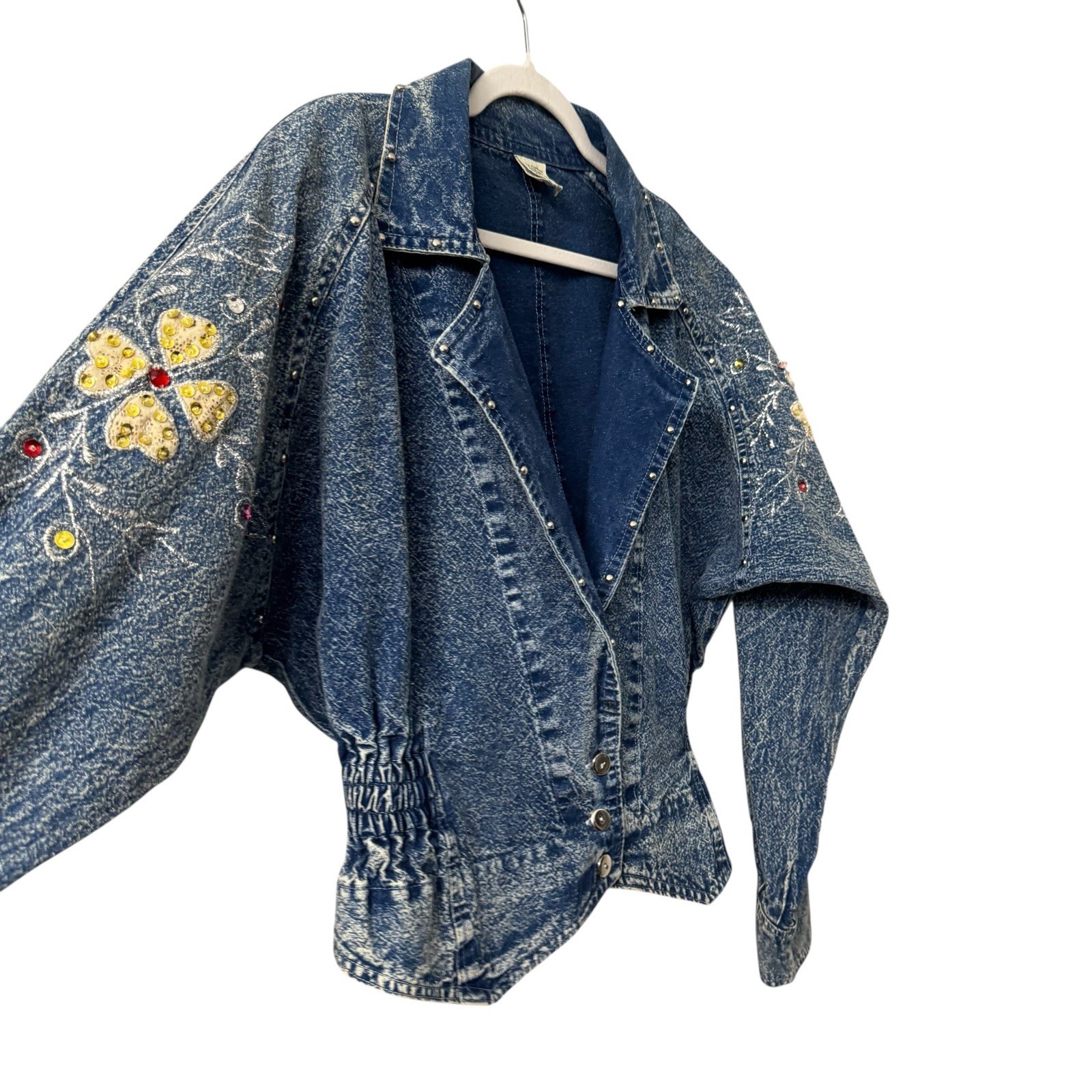 80s Denim Jacket Short Acid Wash Floral Embroidery Embellished Crop Sz M Vtg EUC
