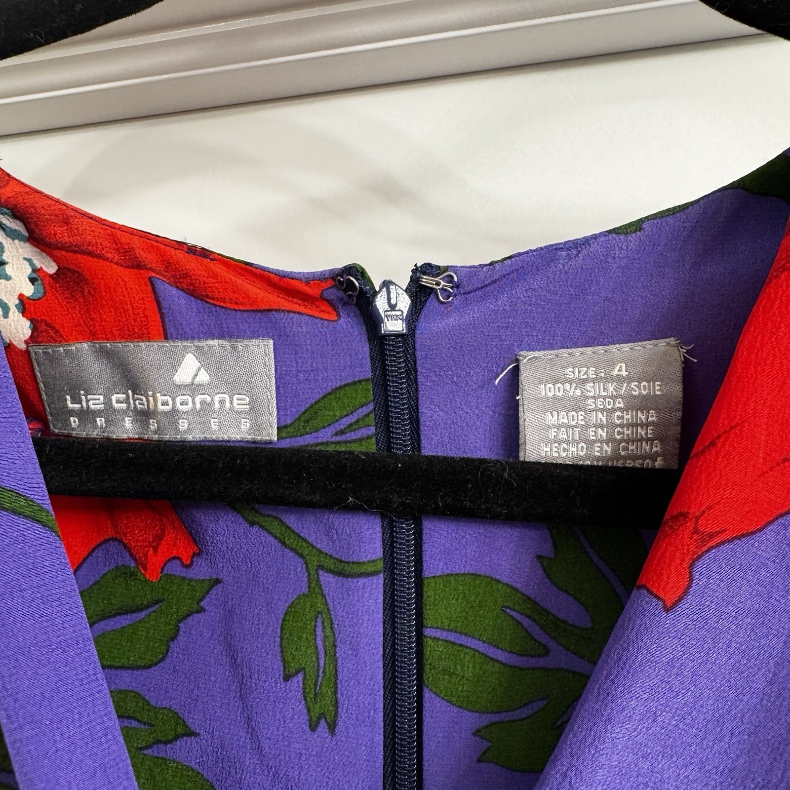 Vintage 80s Liz Claiborne 100% Silk Floral Dress Red Purple Midi 4 Shoulder Pads