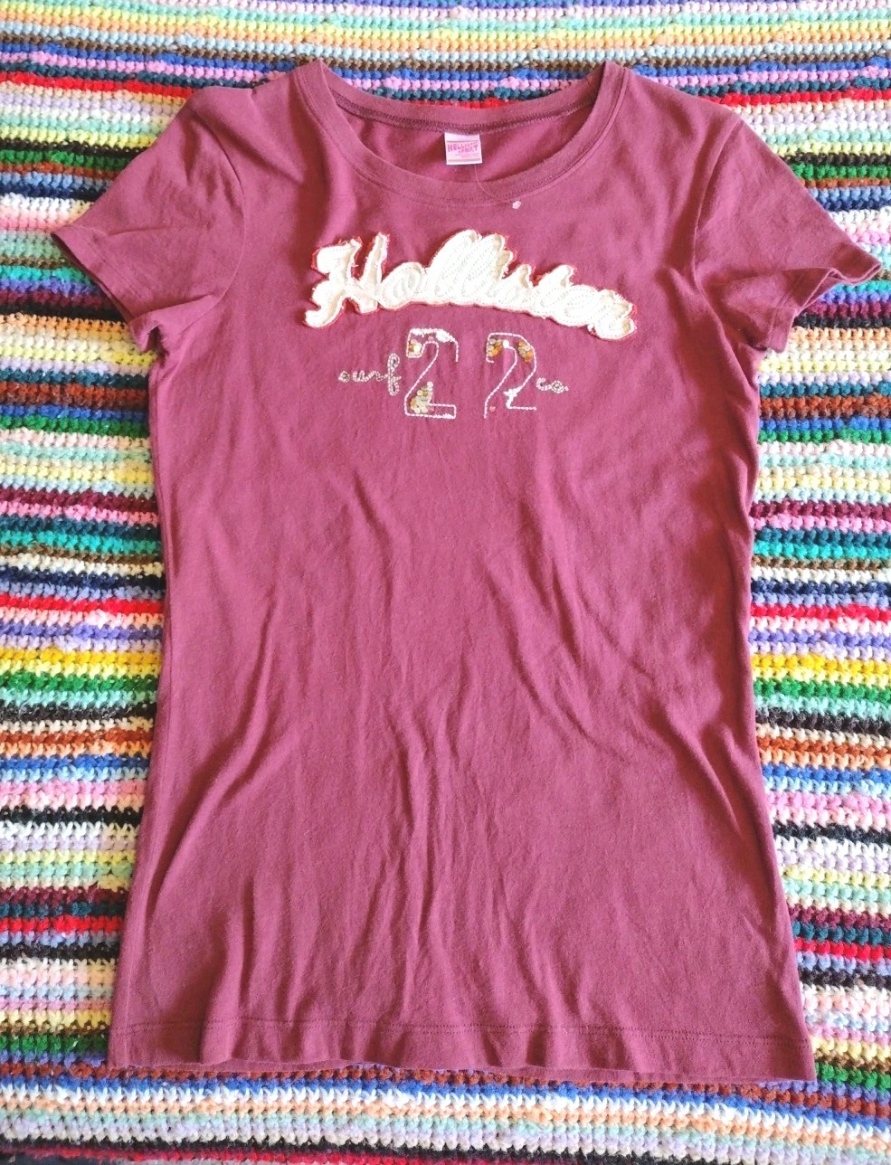 Y2K EVC Maroon Hollister Sport Surf Co Embroidered Graphic Stretch T Shirt Sz L