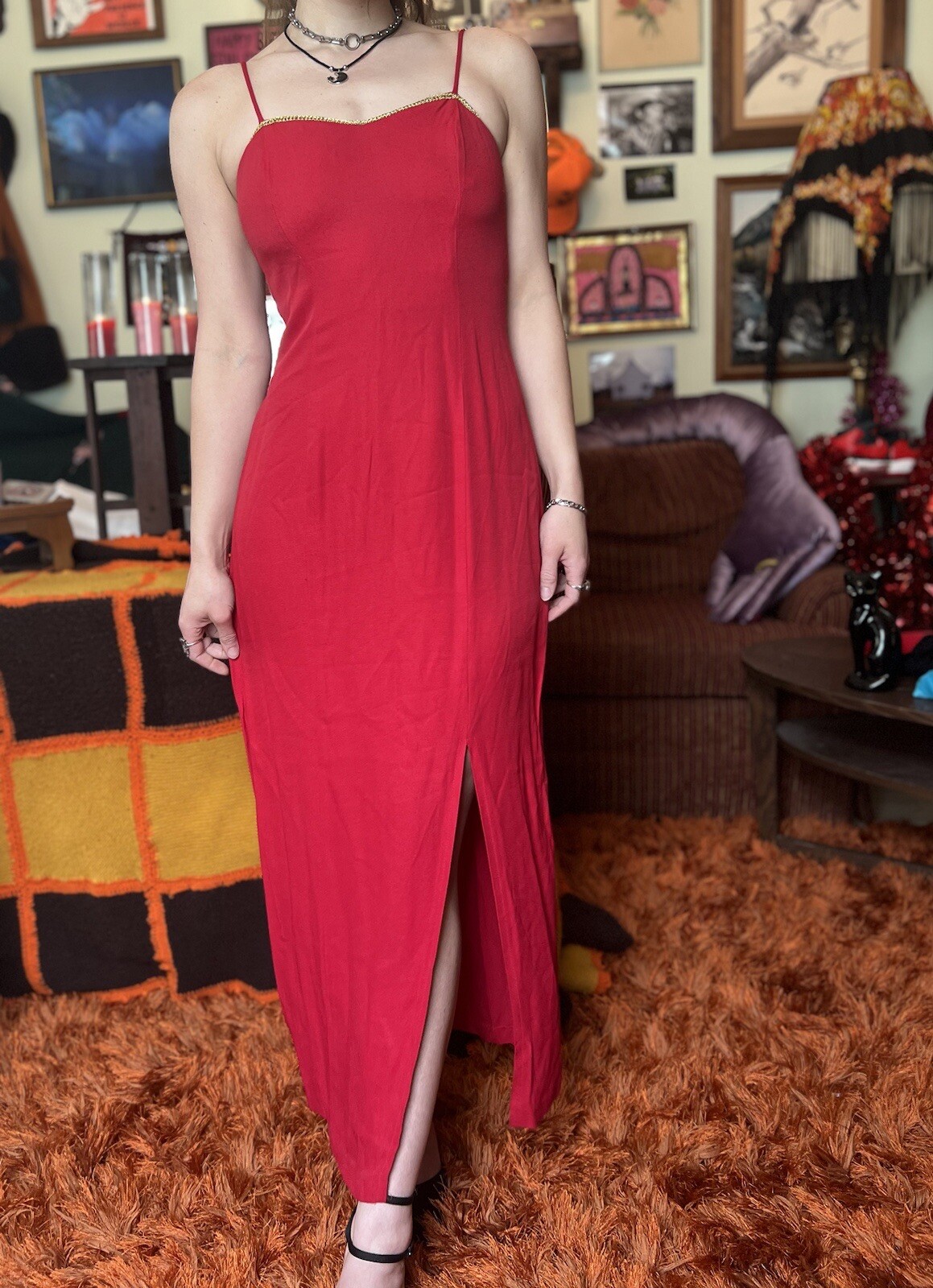 Vintage 90s Red Maxi Dress Circus Burlesque Old Hollywood Prom Moulin Rouge SZ10