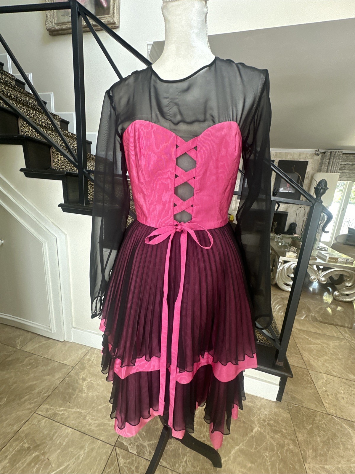 Guy Laroche 80s Pink Moire & Black Chiffon Corseted Tiered Pleated Dress 40