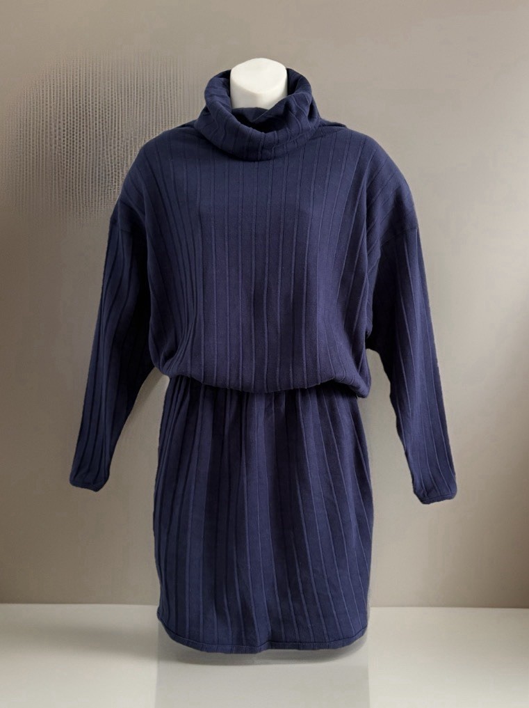 Vintage 80s MODA INT’L Dress Sz S Cowl Neck Navy Blue Dolman Sleeve Above Knee