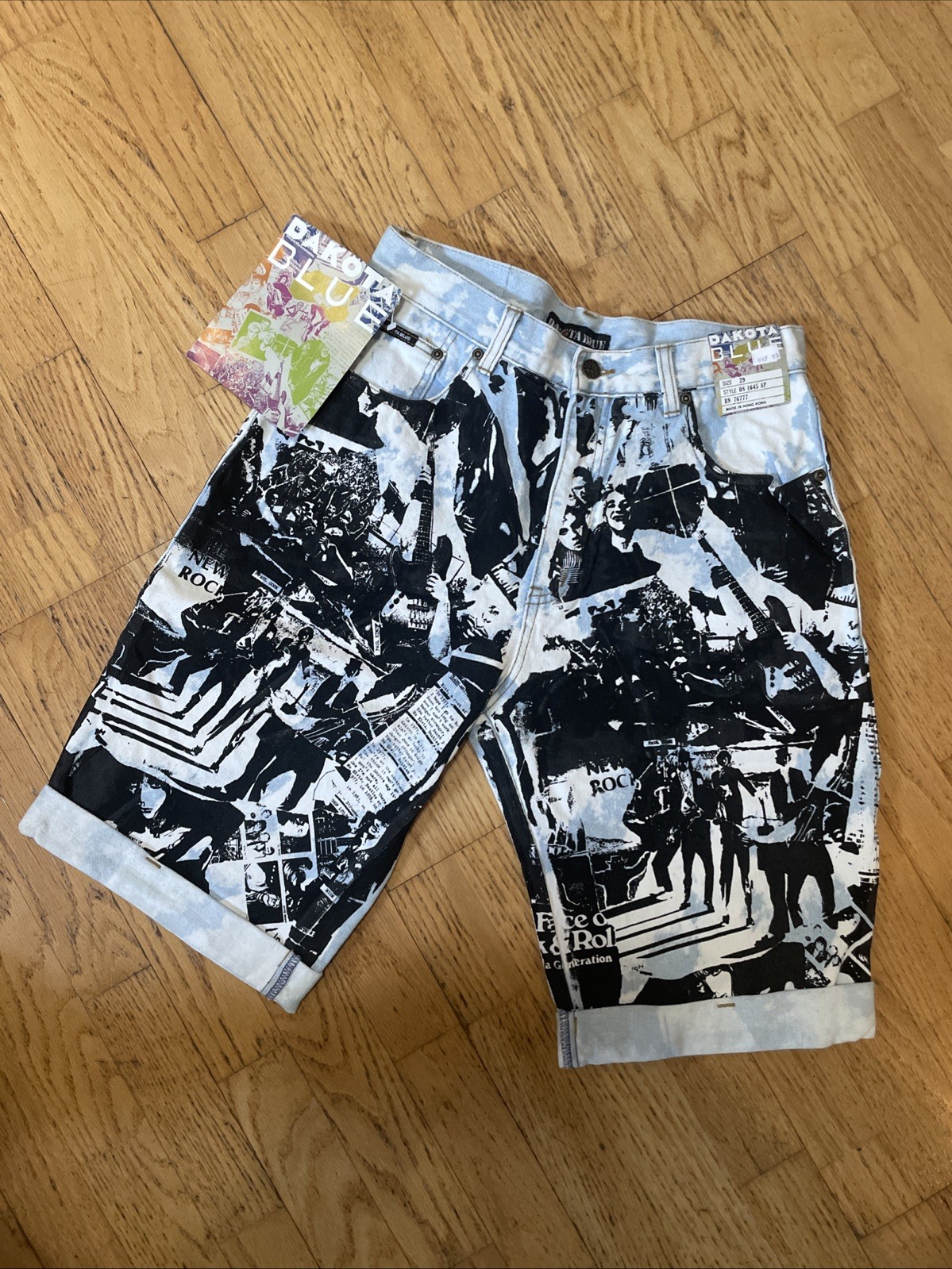 Vtg Dakota Blue Shorts Punk Denim Graphic All Over Print Distressed Screen Sz 29