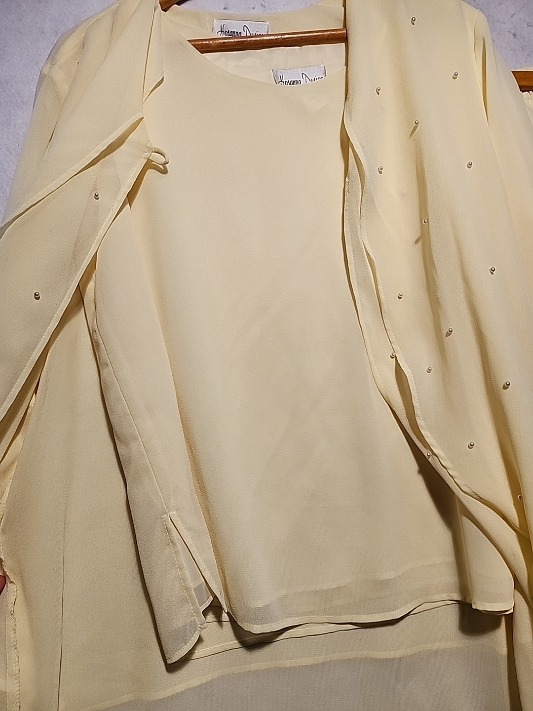 Vintage Butter Yellow Chiffon 3 Piece Skirt Set Wedding Faux Pearls Size XL USA