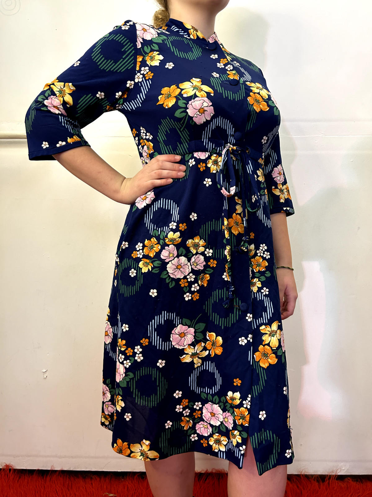 Vintage 1980s Stand Collar Shirt Waist Dress Blue Floral Polyester Buttons AU 14