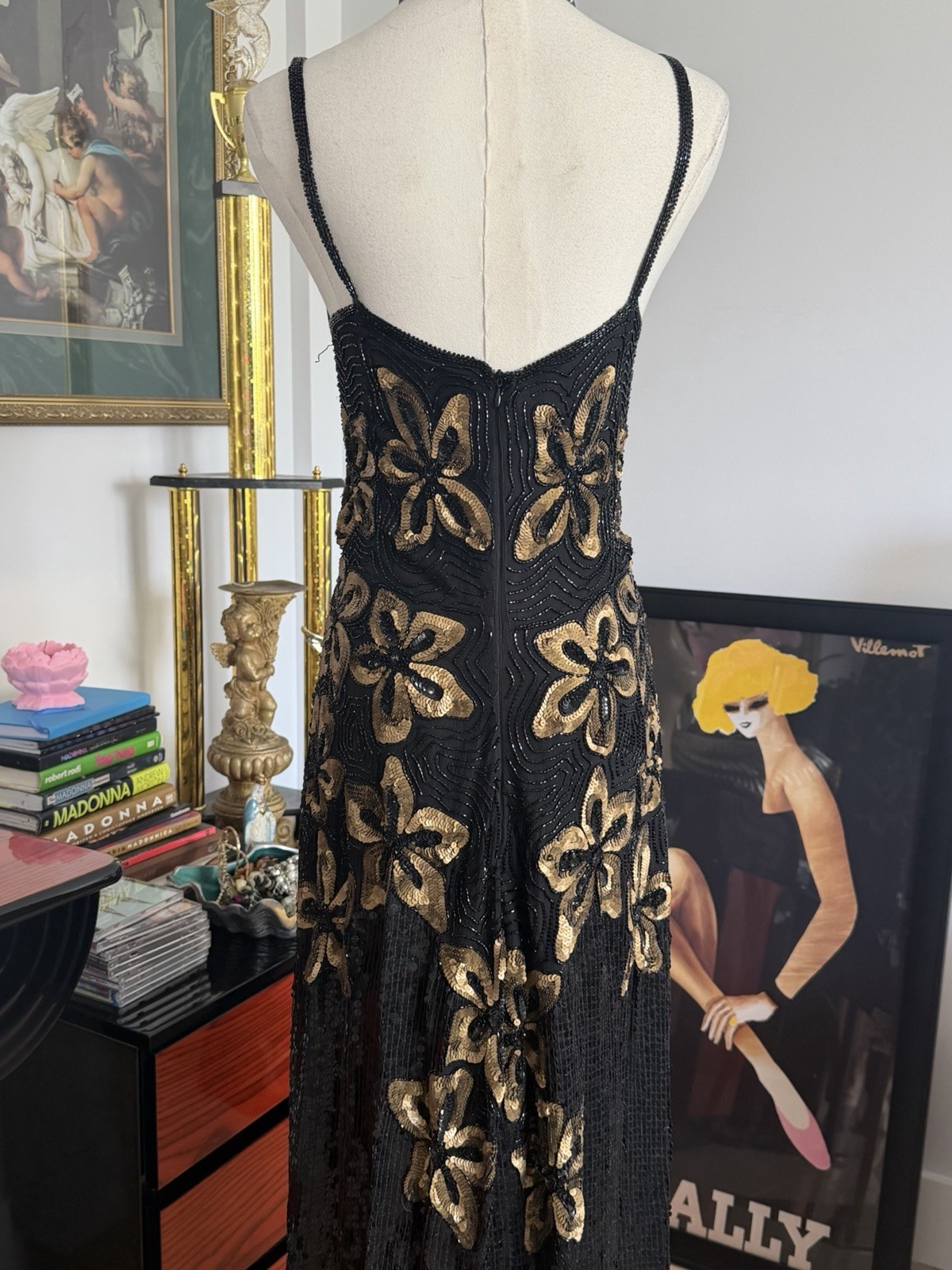 Vintage MEGRE Pure Silk Beaded Sequin Floral Evening Dress Black Gold Size S-M