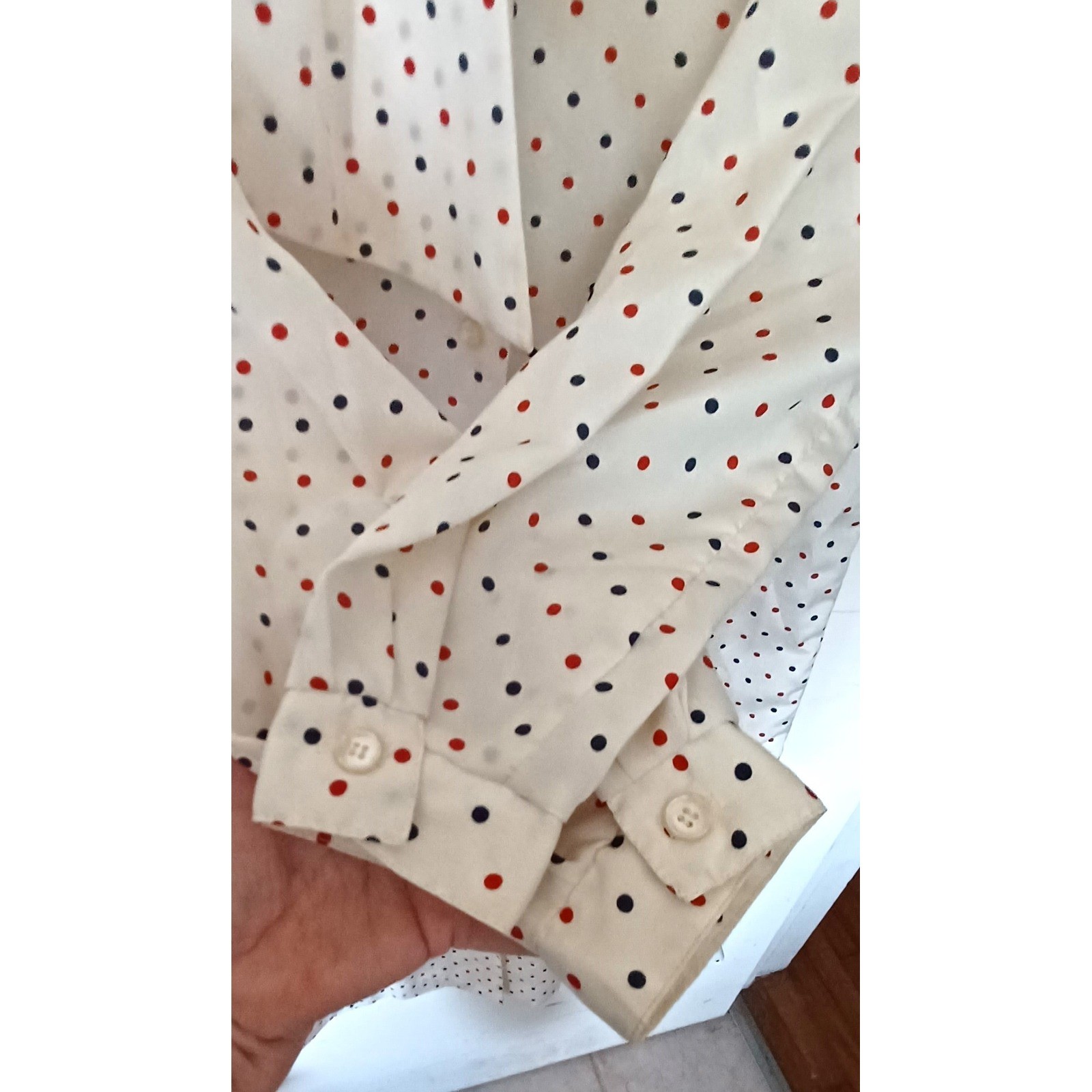Country Miss Shirt Dress Women 12 Cream Polka Dot Tie Neck Vintage 70s Secretary
