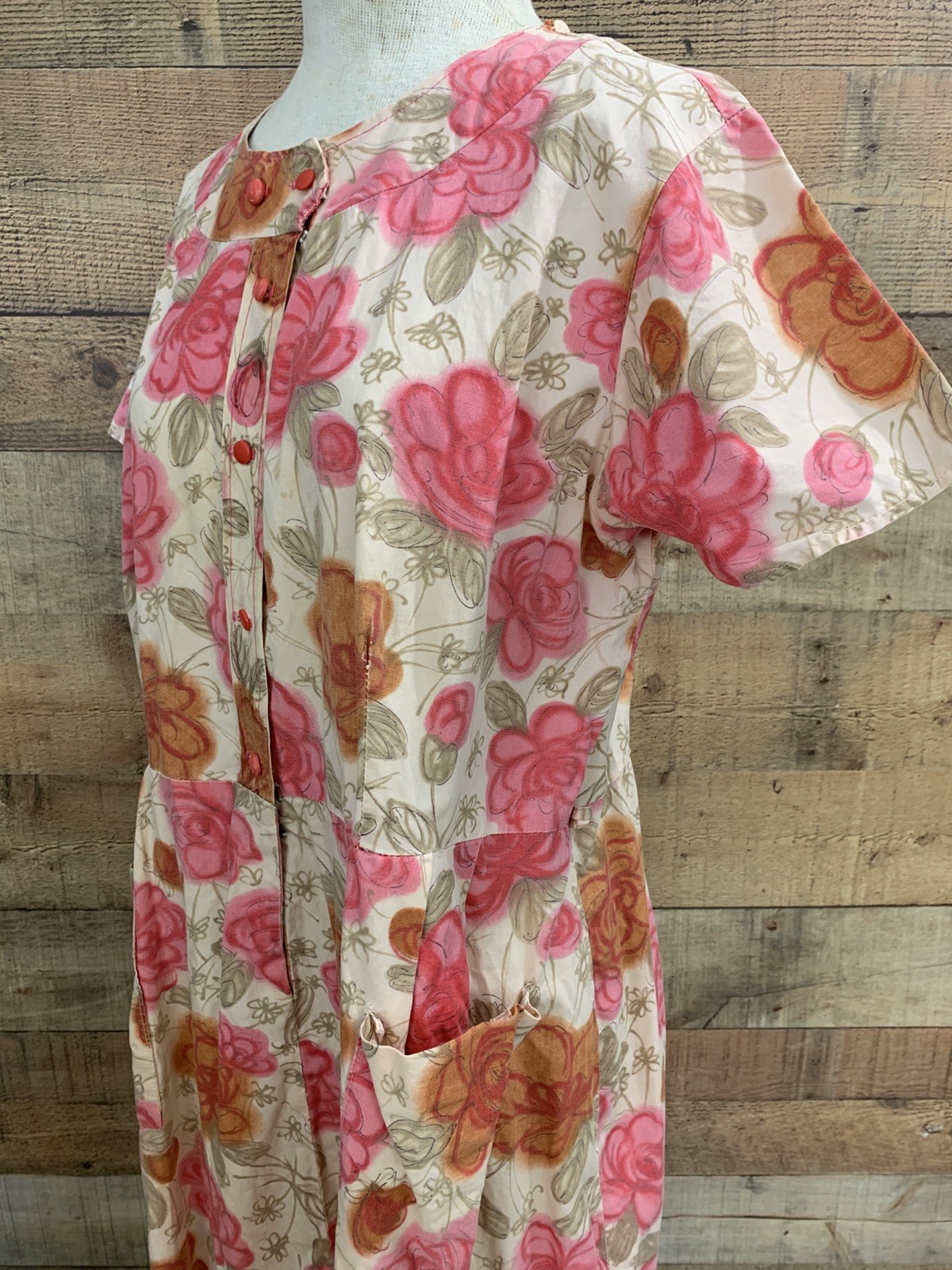 Vintage 1950’s Cotton Button Front Floral Dress Bust 44”/38”Waist