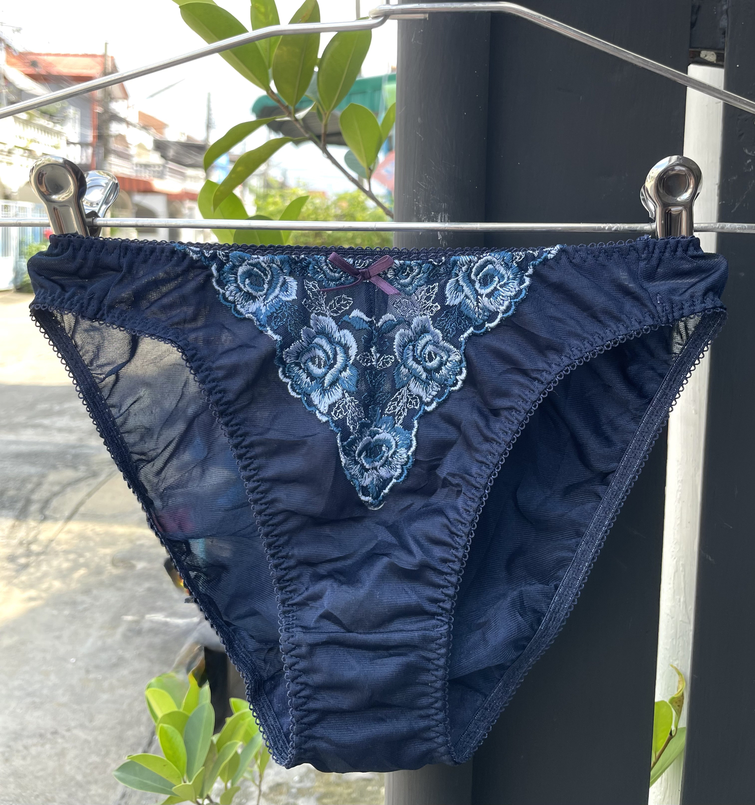 Vintage Silky Navy Polyester Nylon Panties Sheer Lace Hi Cut Bikini Briefs SZ.5