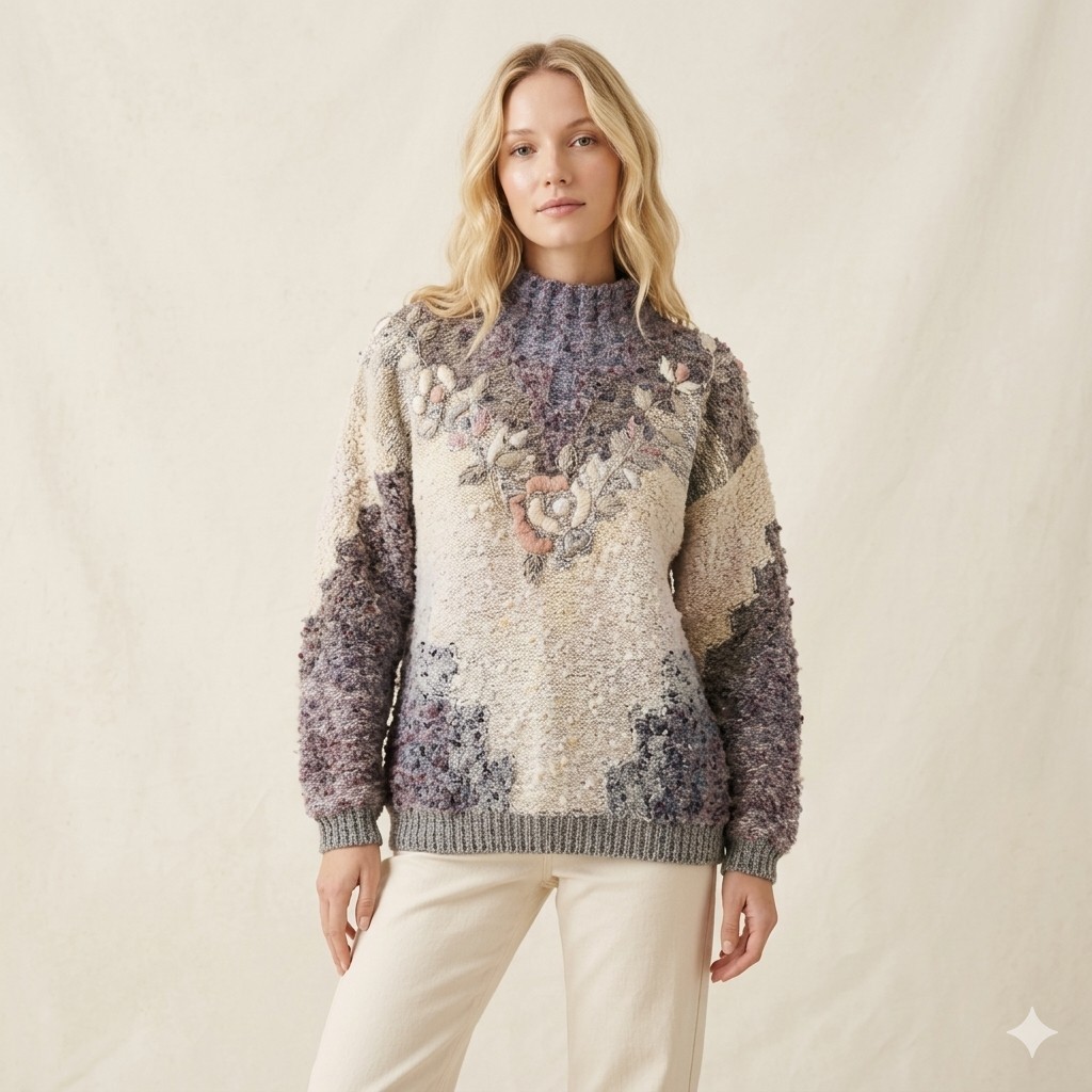 Mariea Kim Vintage Floral Embroidered Chevron Knit Sweater Cream Pink Large Boho