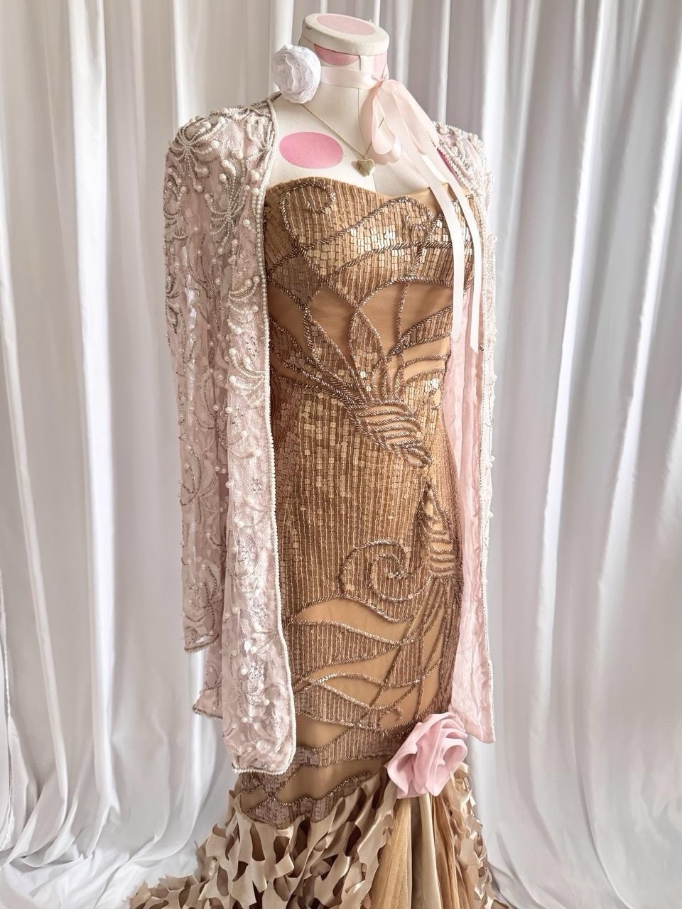 Vintage Y2K Pink White Pearl Beaded Overcoat Jacket Women’s Size Large Sequin