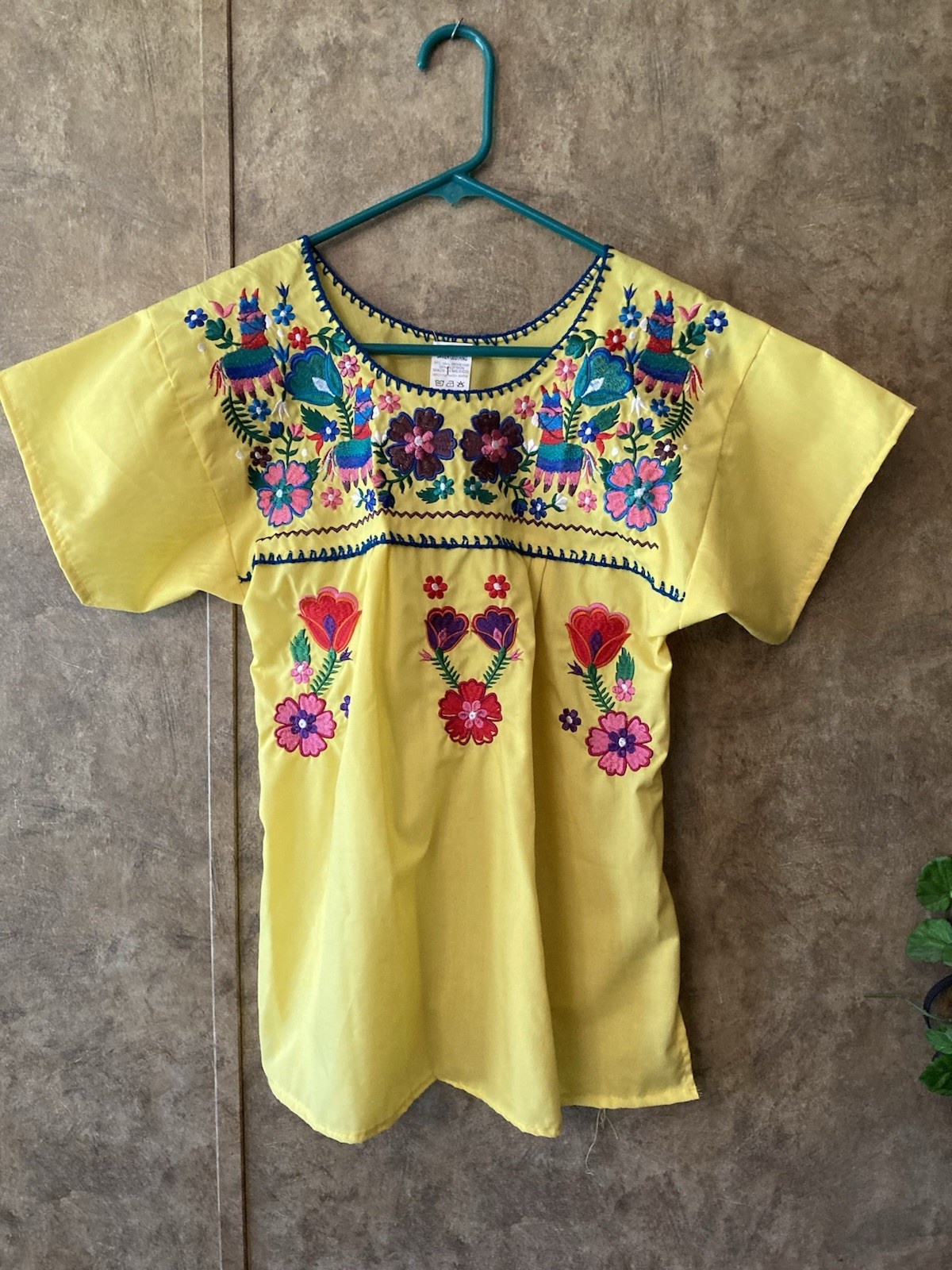 Vtg Mexican Embroidered Floral Peasant Blouse Boho Folk Art Lemon Yellow Top S