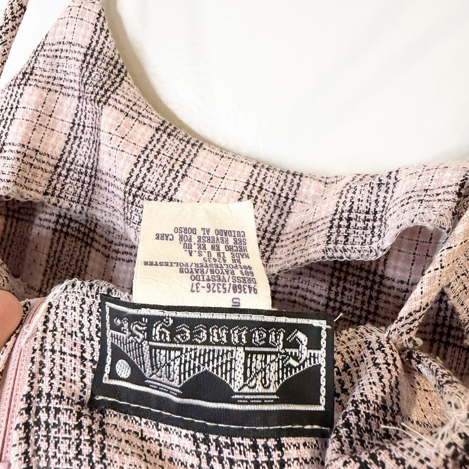 Vintage Channcey’s Grunge Plaid Check Mini Dress 90s Pinafore Pink Black 5