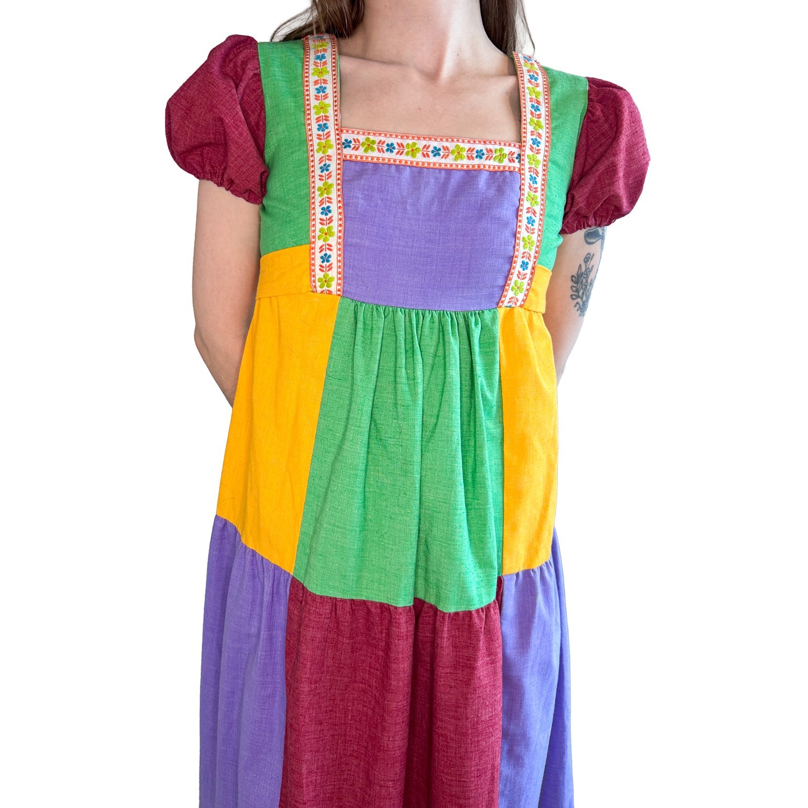 Vintage 70s Handmade Patchwork Prairie Maxi Dress Psychedelic Renaissance XS