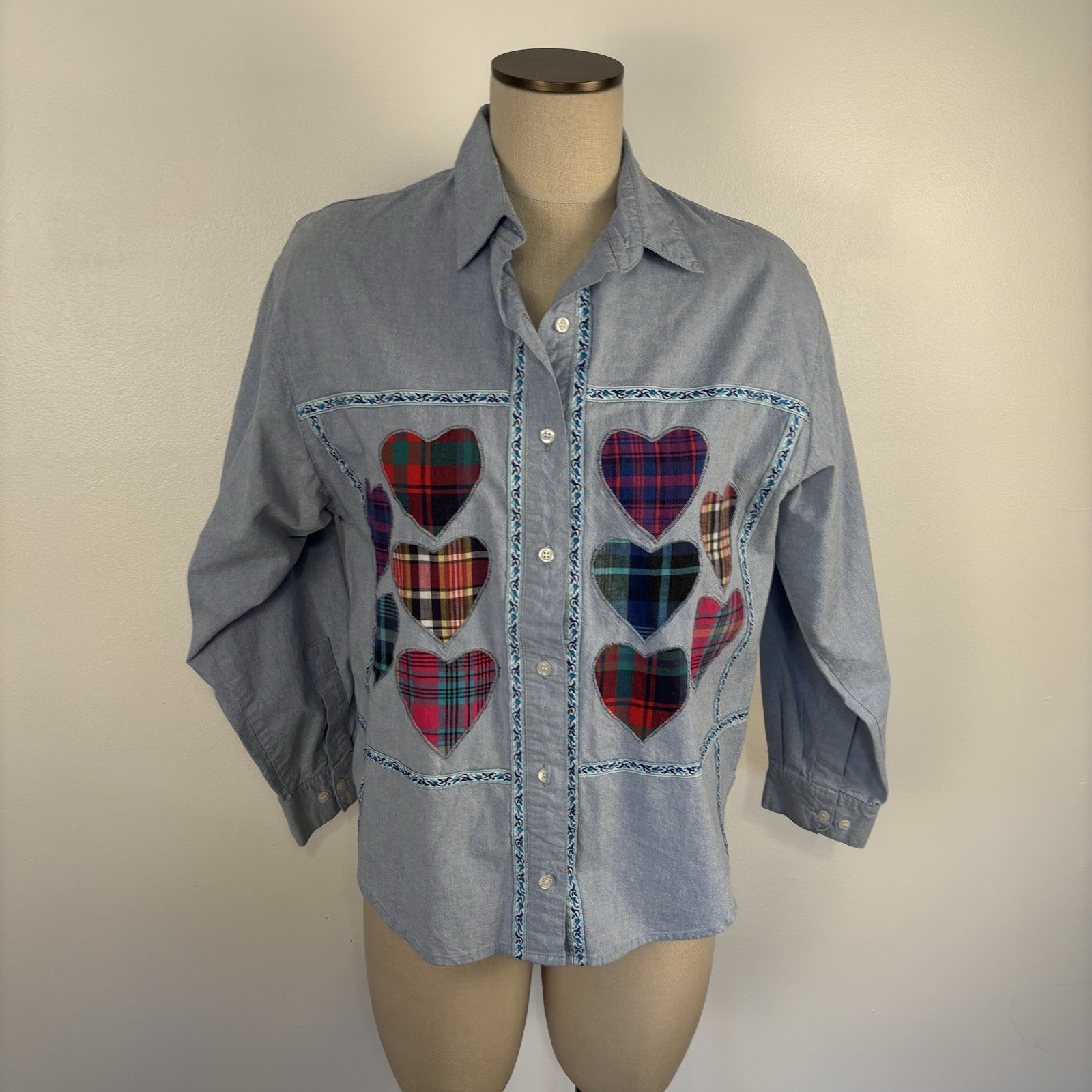 VTG Cricket by the Creek Blue Cotton Button Up Plaid Kitschy Hearts Shirt Top M