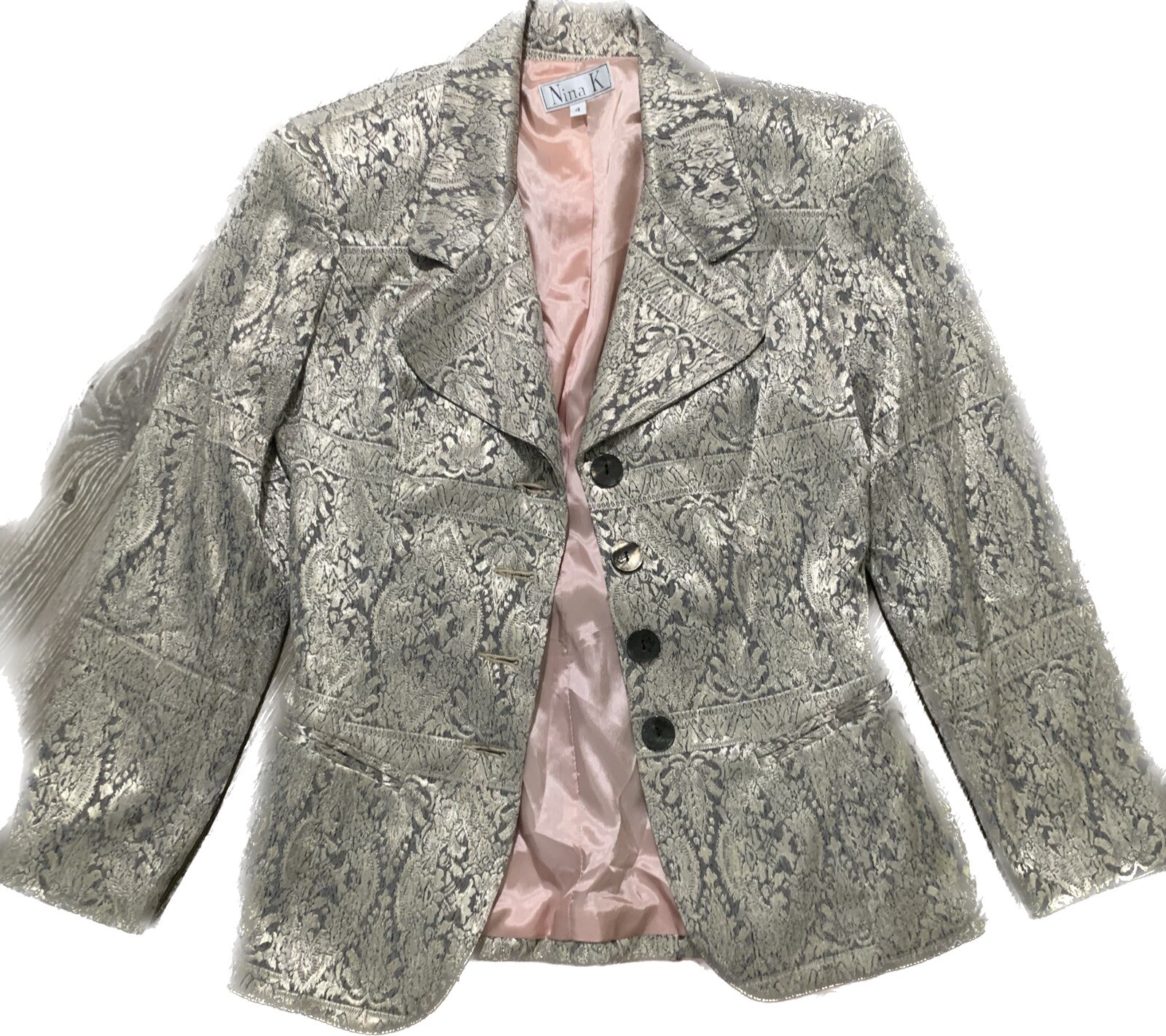 Vintage Nina K Silver Rayon Brocade Blazer Jacket Sz 4