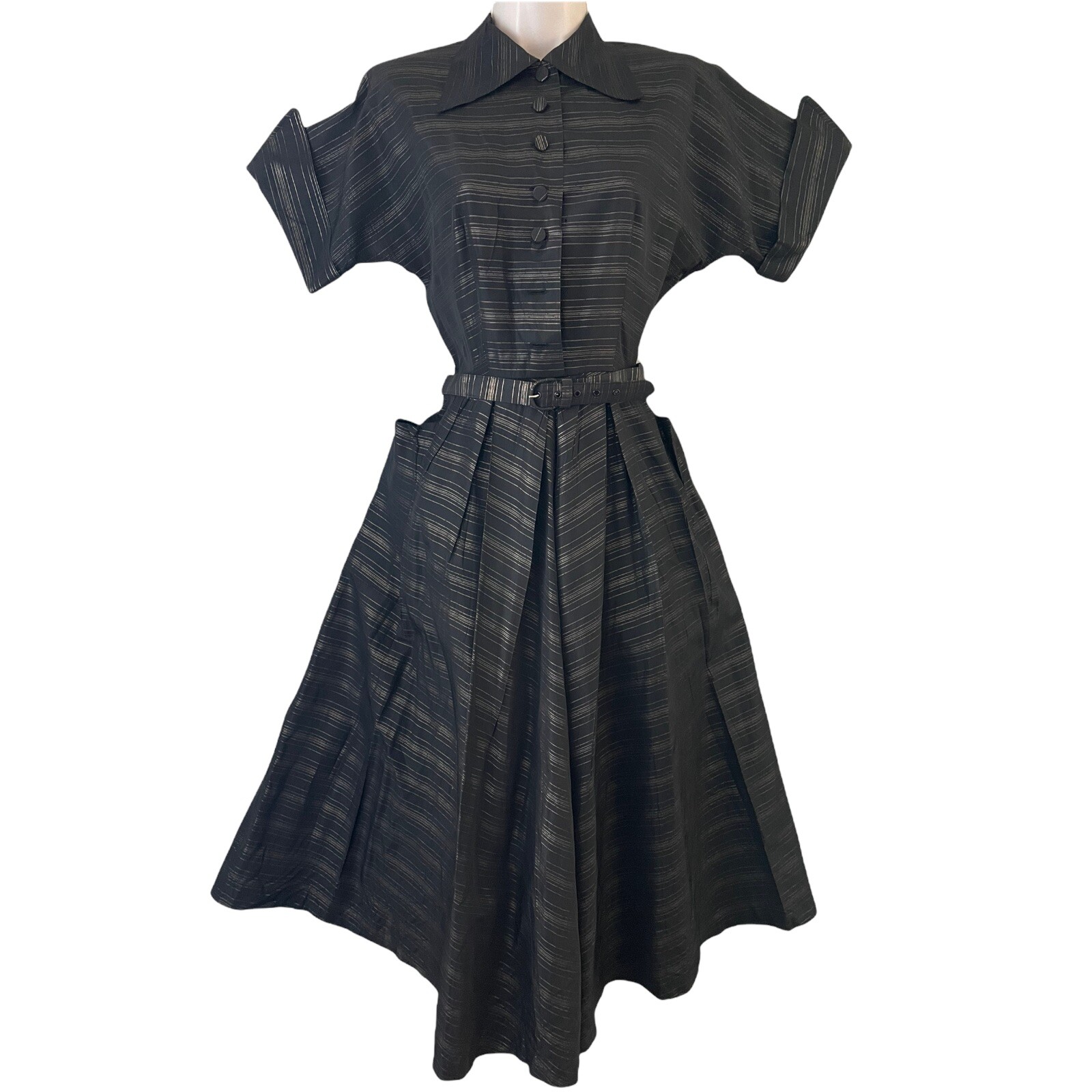 Vintage 1940s Black + Gold Dress w/ Pockets + Belt. Size S/M, USA