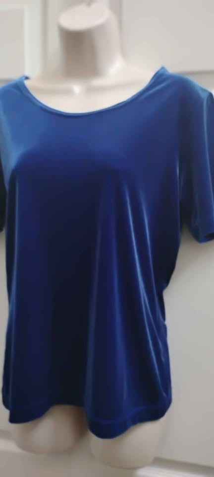GANTOS Women’s Medium Blue Velvet Top Short Sleeves Round Neck Vintage New