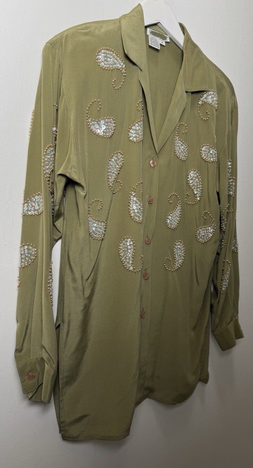 Vintage 80s 100% Silk Blouse Sz 4 Olive Sequin Beaded Paisley Tunic Shirt