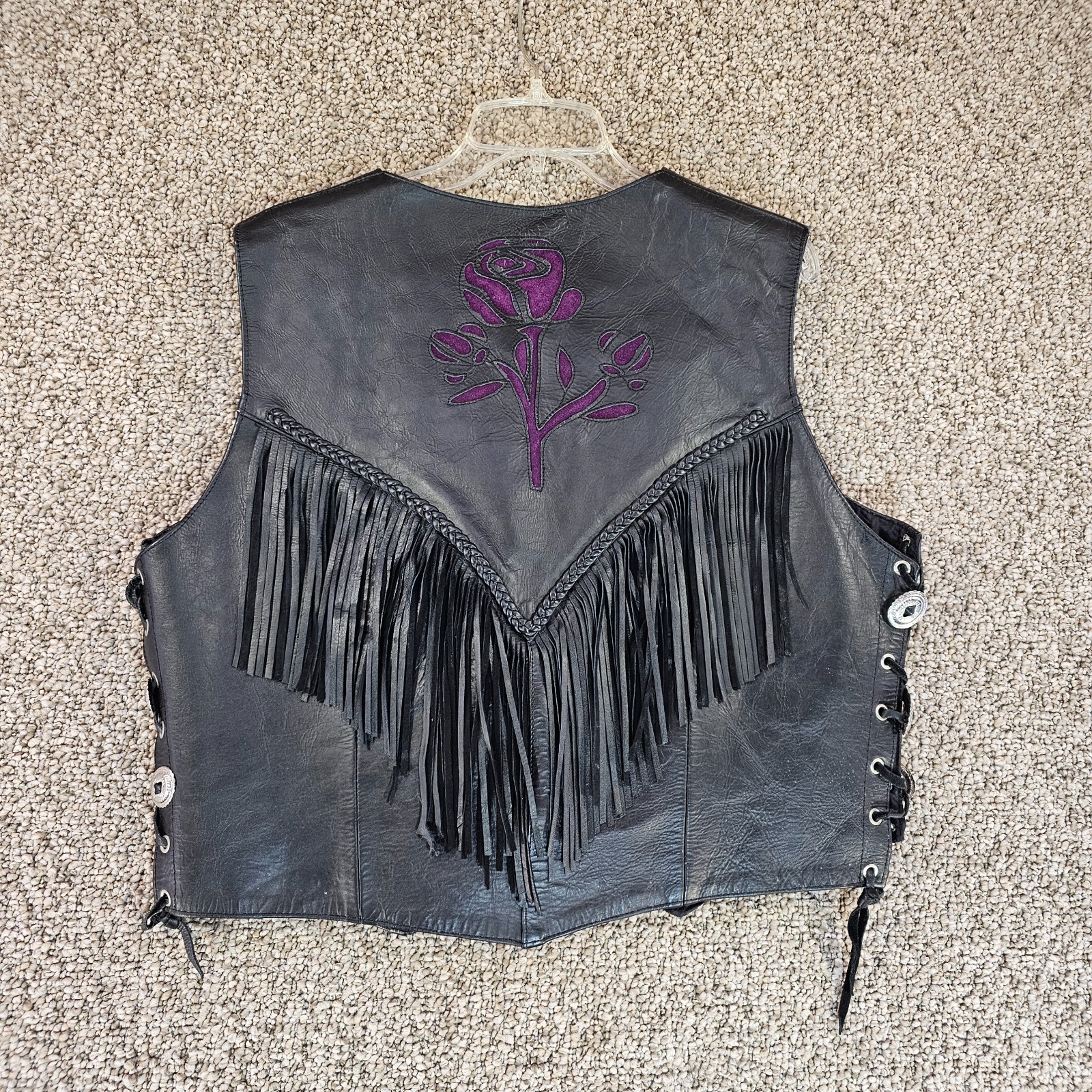 Vintage Hudson Leather Vest Womens Actual XL Snap Button Roses + Fringe Harley