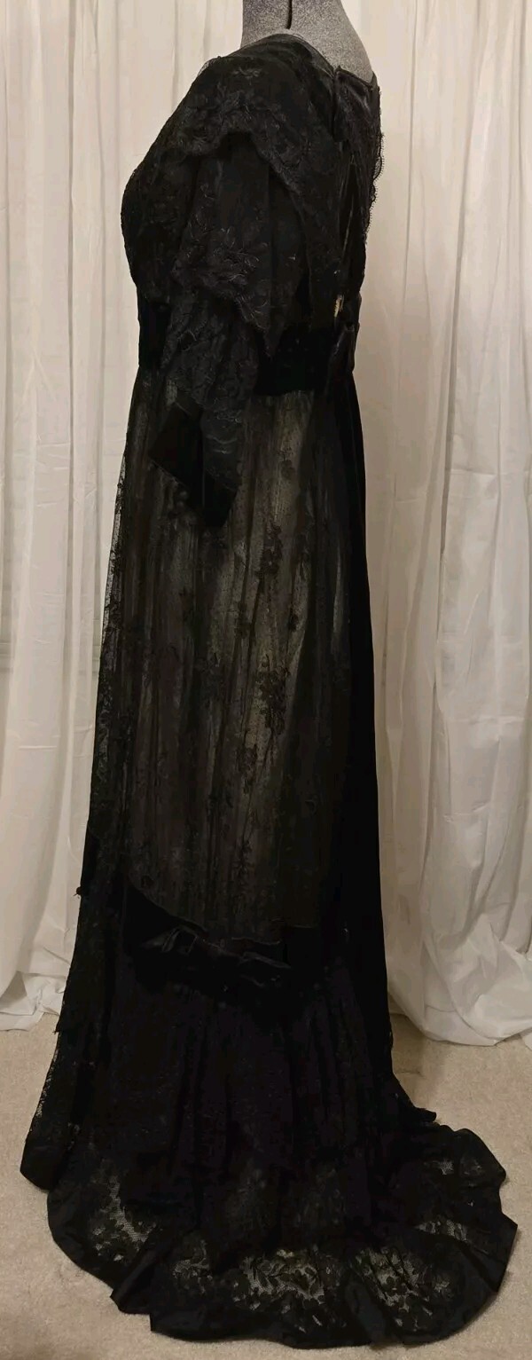 Edwardian Black Chantilly Lace Tassels & Velvet Trim Gown
