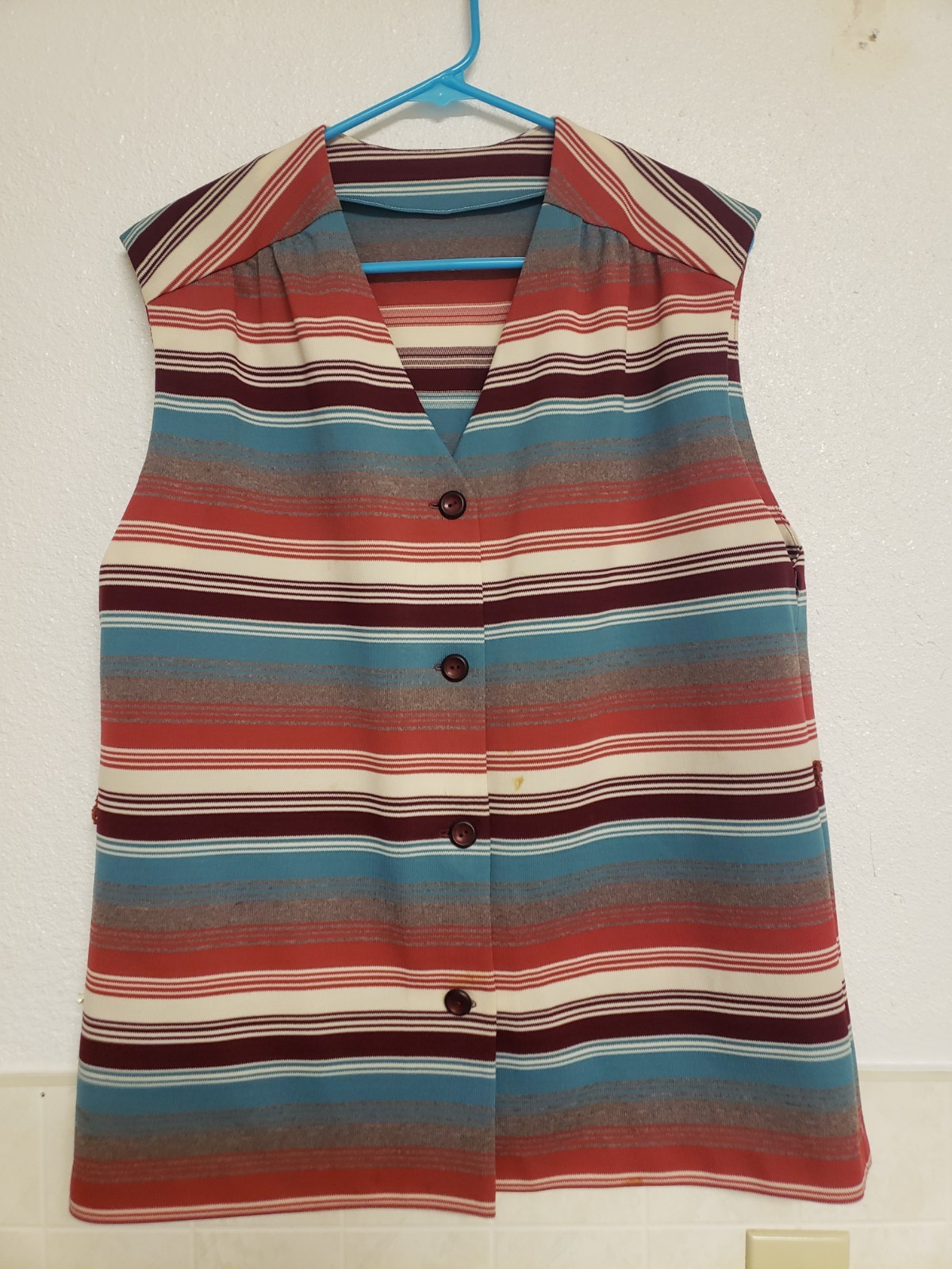70’s Vintage Shirt Vest Hippie Mod Poly Stripe Button Front Womens Sz Large