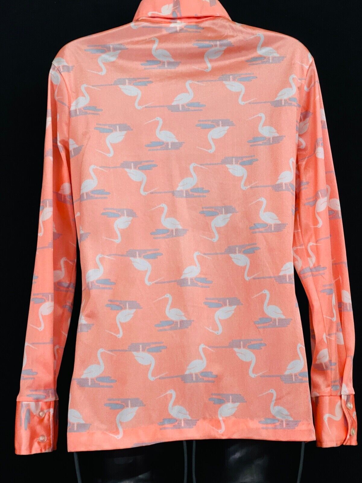Vintage 1970s pink novelty print shirt, orange heron bird blouse deadstock disco