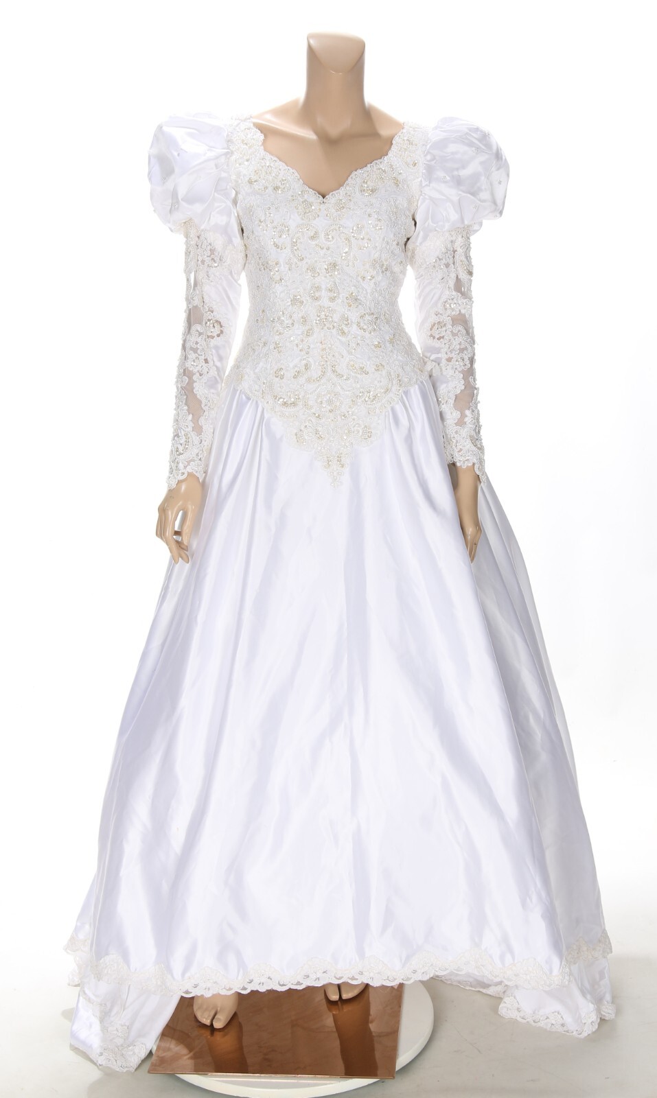 Mon Cheri Vintage 80s 90s White Satin Alencon Lace Long Sleeve Wedding Dress 8