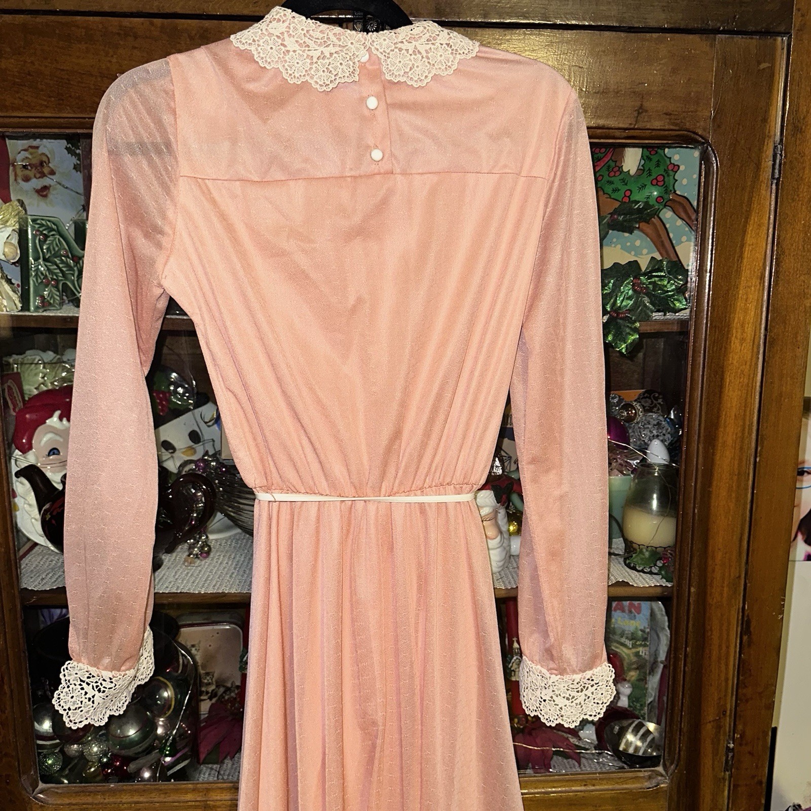 Vintage Peach Prairie Victorian Style Maxi Dress Pearl Buttons & Lace ’70’s