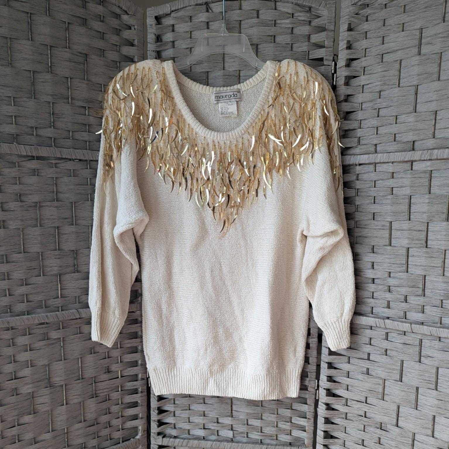 Vtg Silk Blend Cream Gold Embellished 80s Statement Sweater Metallic Fringe Med